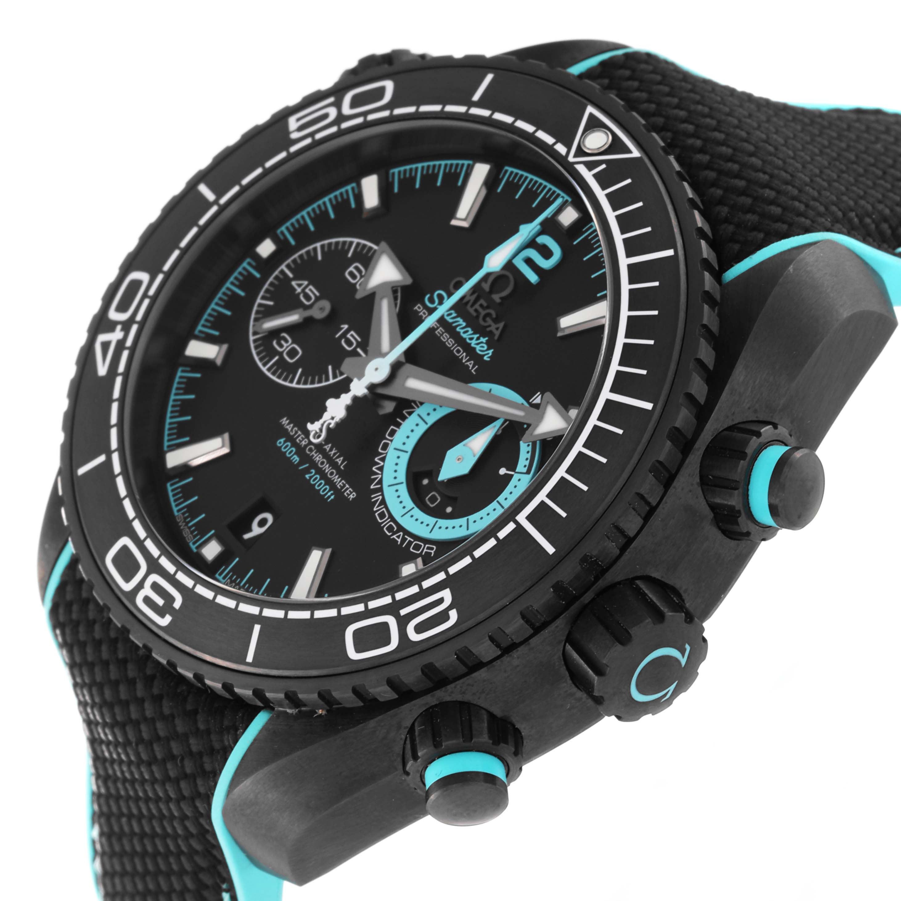 The Omega Planet Ocean 215.92.46.51.01.003 Men's Ceramic Black Dial 215.92.46.51.01.003 Men's Ceramic Black Dial watch is shown at an angled close-up, highlighting its face, bezel, strap, and crown.