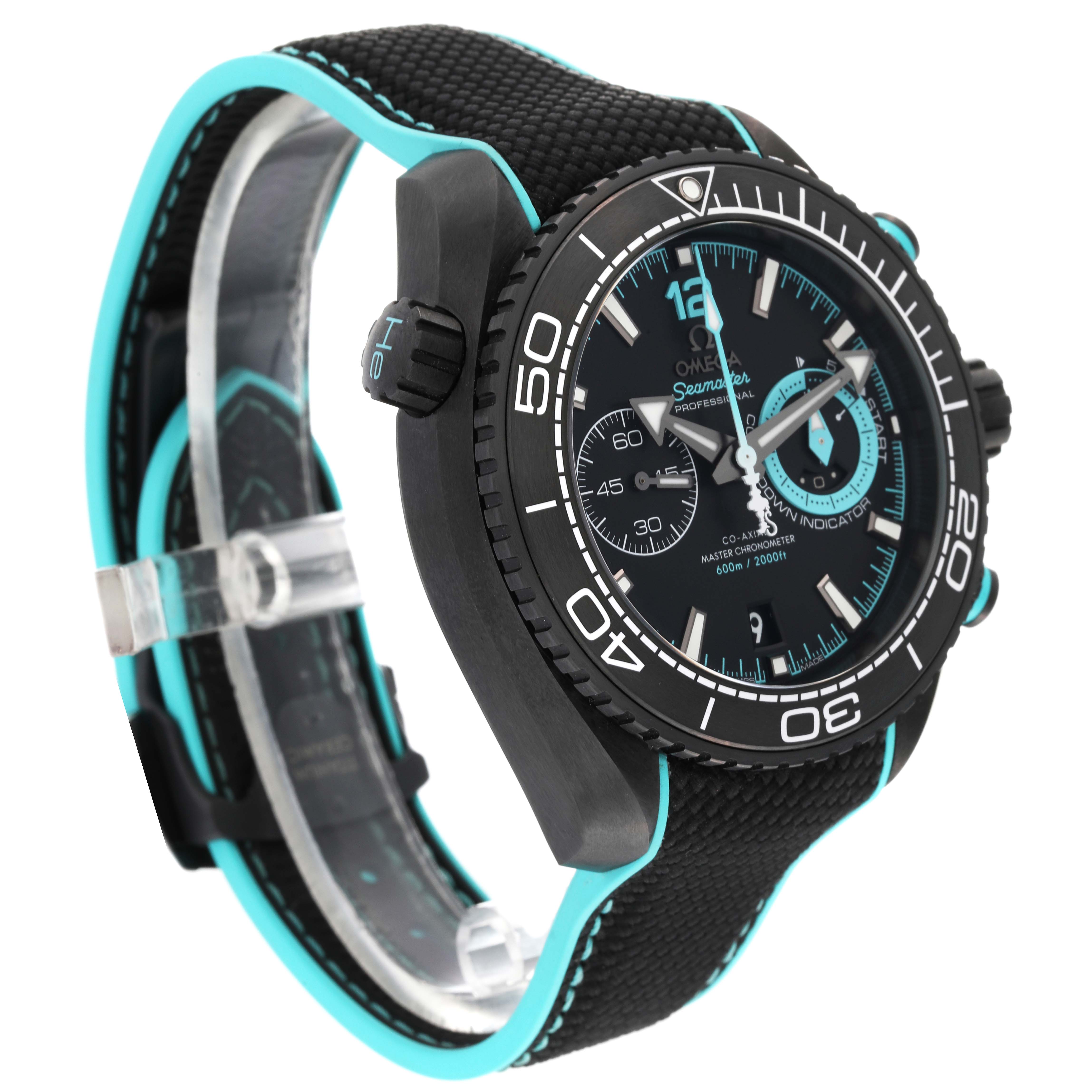 This is a side-angled view of the Omega Planet Ocean 215.92.46.51.01.003 Men's Ceramic Black Dial 215.92.46.51.01.003 Men's Ceramic Black Dial watch, showcasing the dial, bezel, crown, and part of the strap.