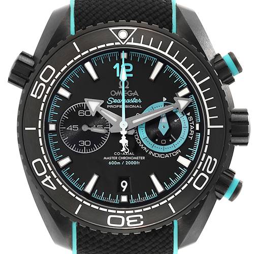 The Omega Planet Ocean watch is shown from a front angle, displaying the full dial, bezel, and pushers.