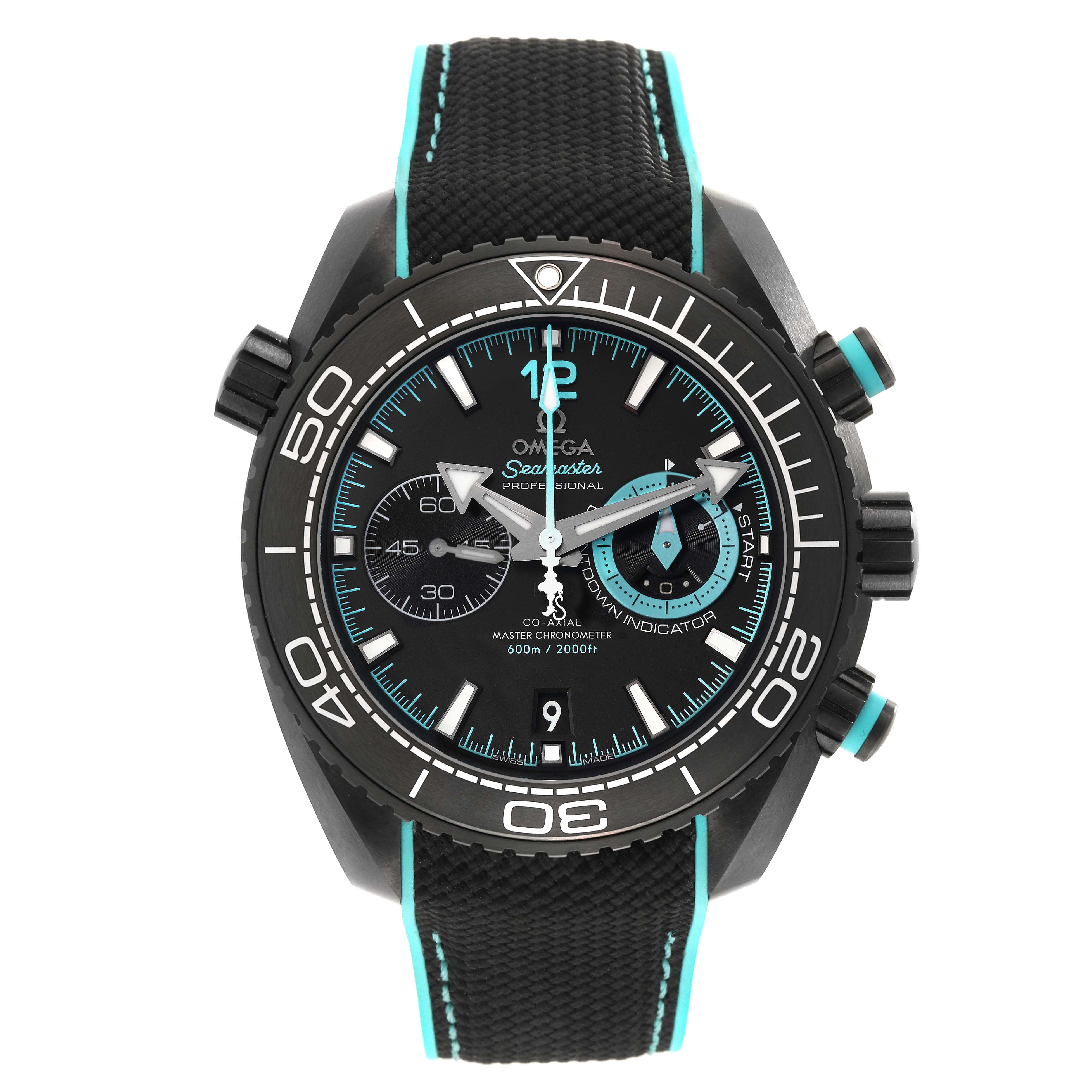 The image shows a front view of the Omega Planet Ocean 215.92.46.51.01.003 Men's Ceramic Black Dial 215.92.46.51.01.003 Men's Ceramic Black Dial model watch, highlighting its face, bezel, strap, and chronograph functions.