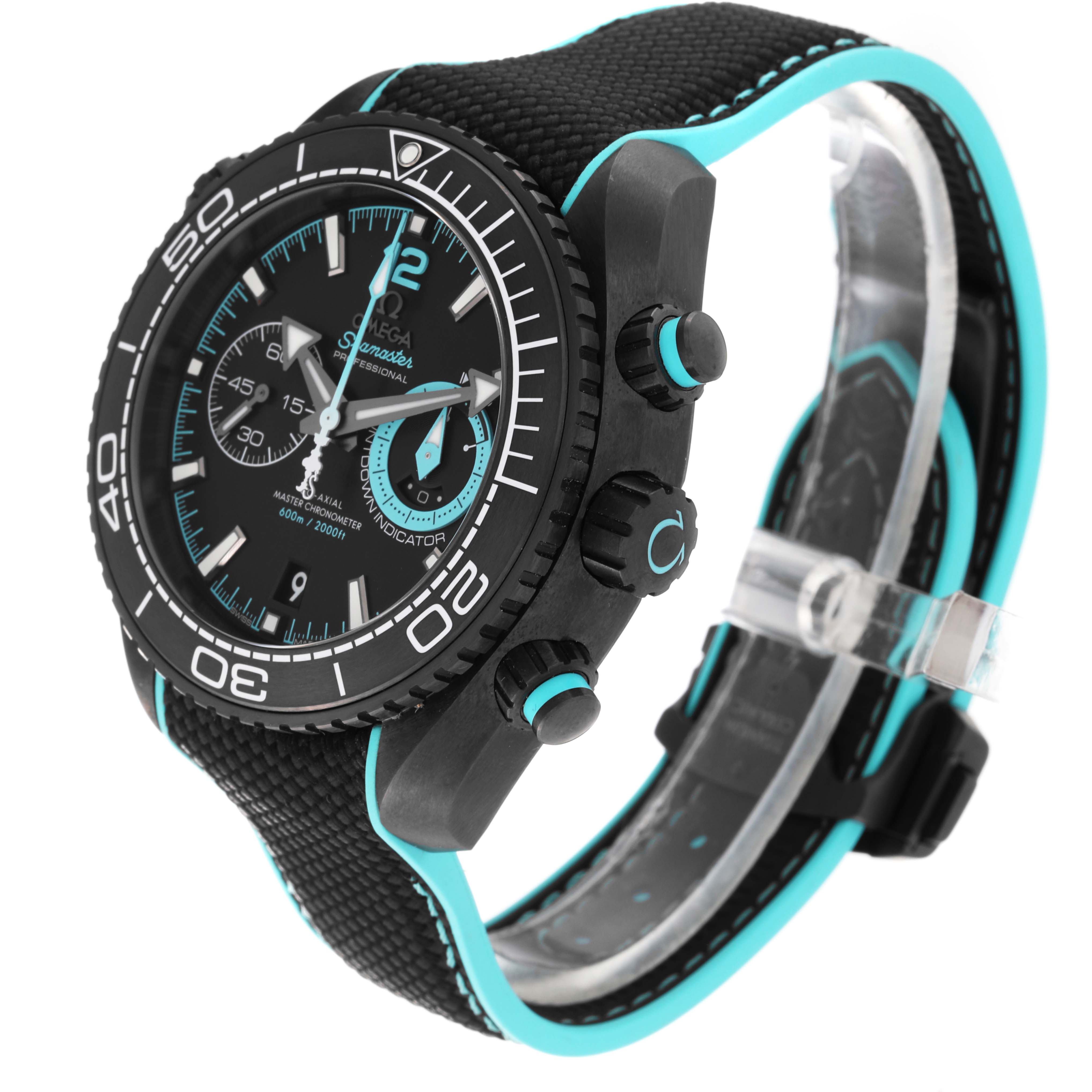 The image shows a side angle of an Omega Planet Ocean 215.92.46.51.01.003 Men's Ceramic Black Dial 215.92.46.51.01.003 Men's Ceramic Black Dial watch, highlighting its bezel, face, crown, and strap.