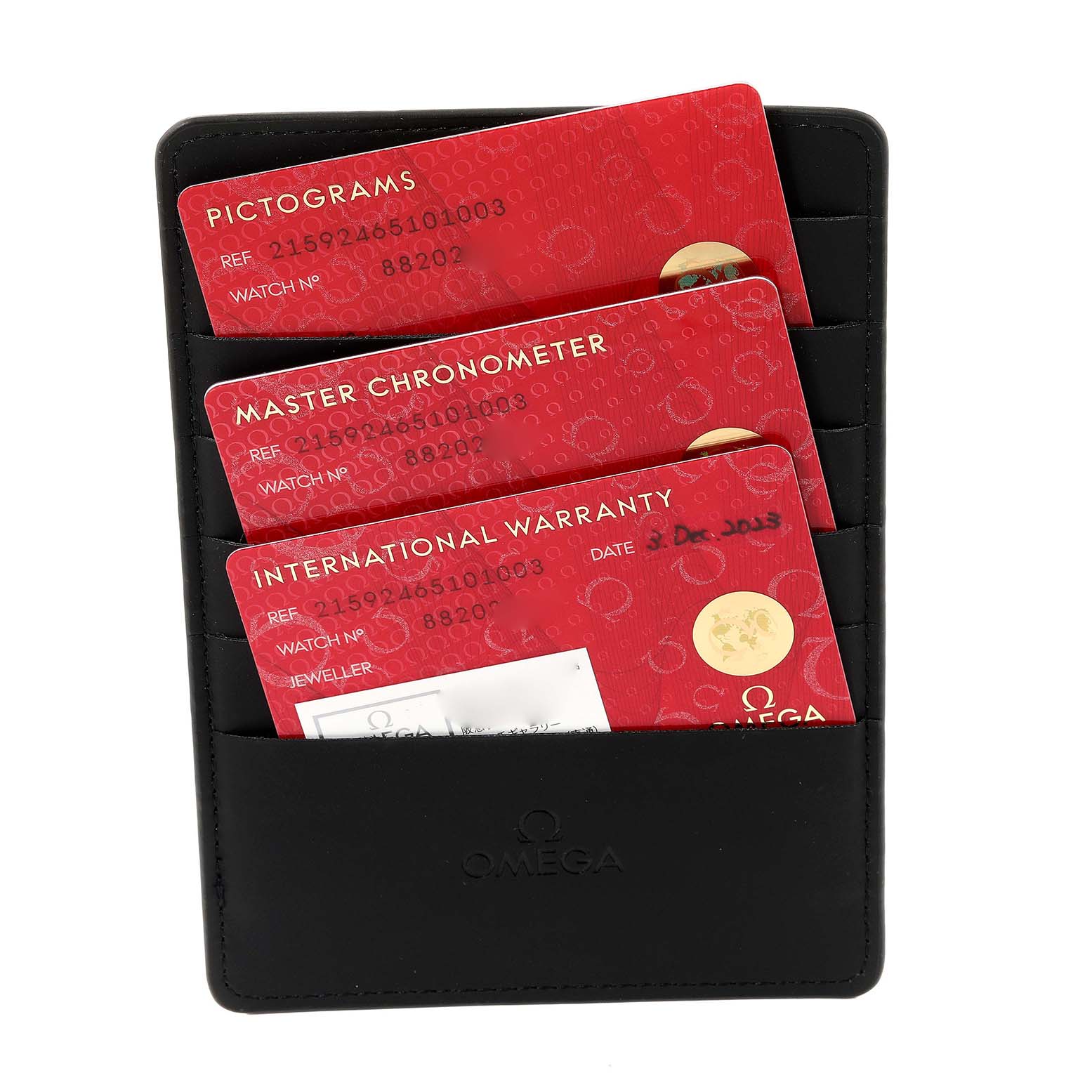 This image shows three red Omega Planet Ocean 215.92.46.51.01.003 Men's Ceramic Black Dial 215.92.46.51.01.003 Men's Ceramic Black Dial warranty and authenticity cards in a black cardholder.
