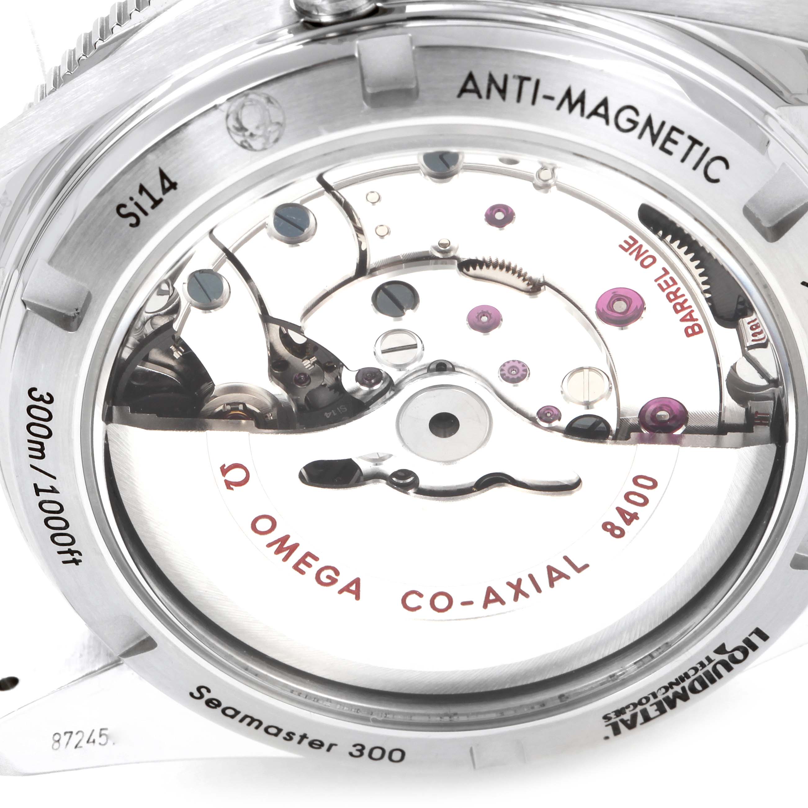 This image shows the back of the Omega Seamaster 233.30.41.21.01.001 Men's Stainless Steel Black Dial 233.30.41.21.01.001 Men's Stainless Steel Black Dial 300 watch, highlighting the co-axial 8400 movement mechanism.