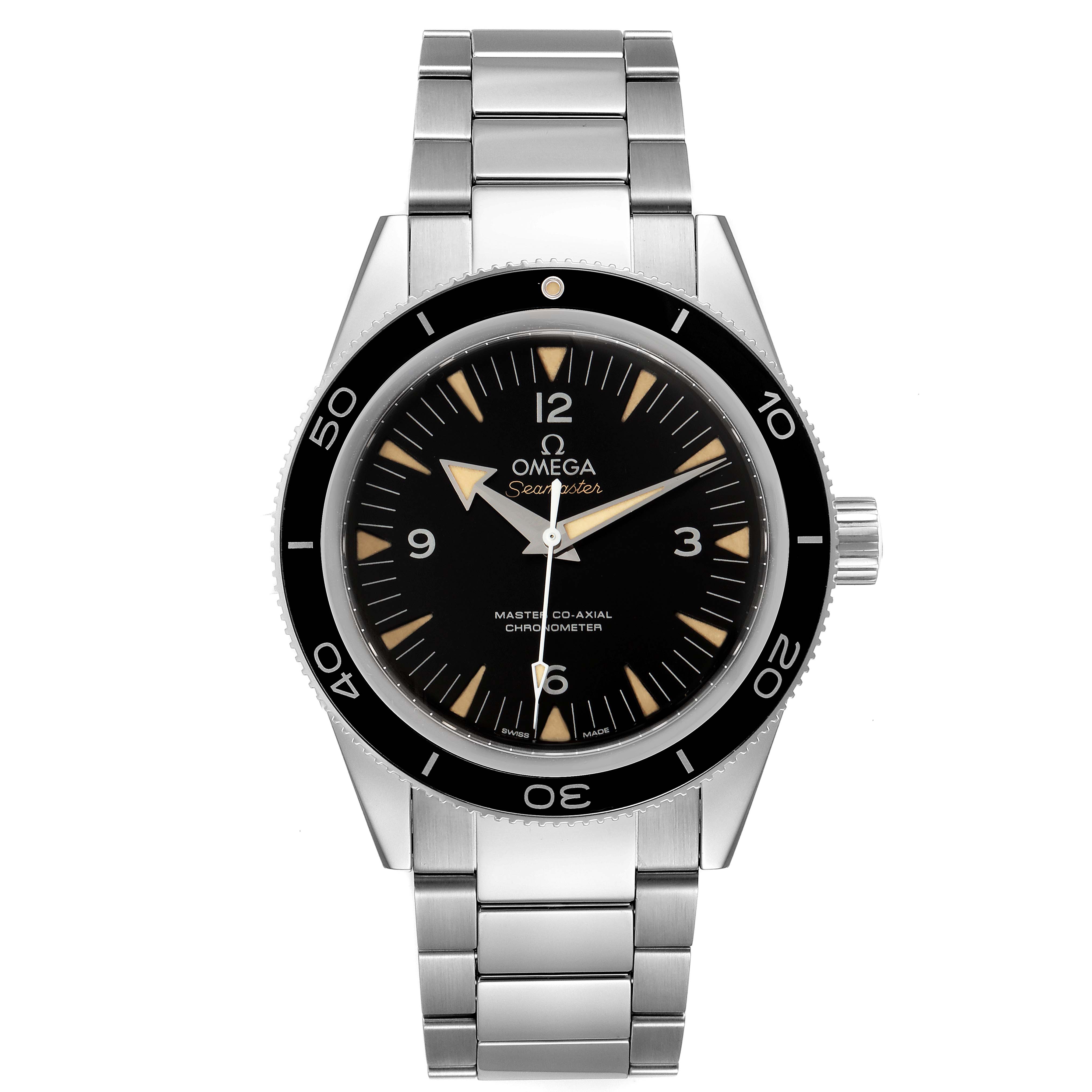 The Omega Seamaster 233.30.41.21.01.001 Men's Stainless Steel Black Dial 233.30.41.21.01.001 Men's Stainless Steel Black Dial watch is shown from a top-down angle, displaying the face, bezel, crown, and bracelet clearly.
