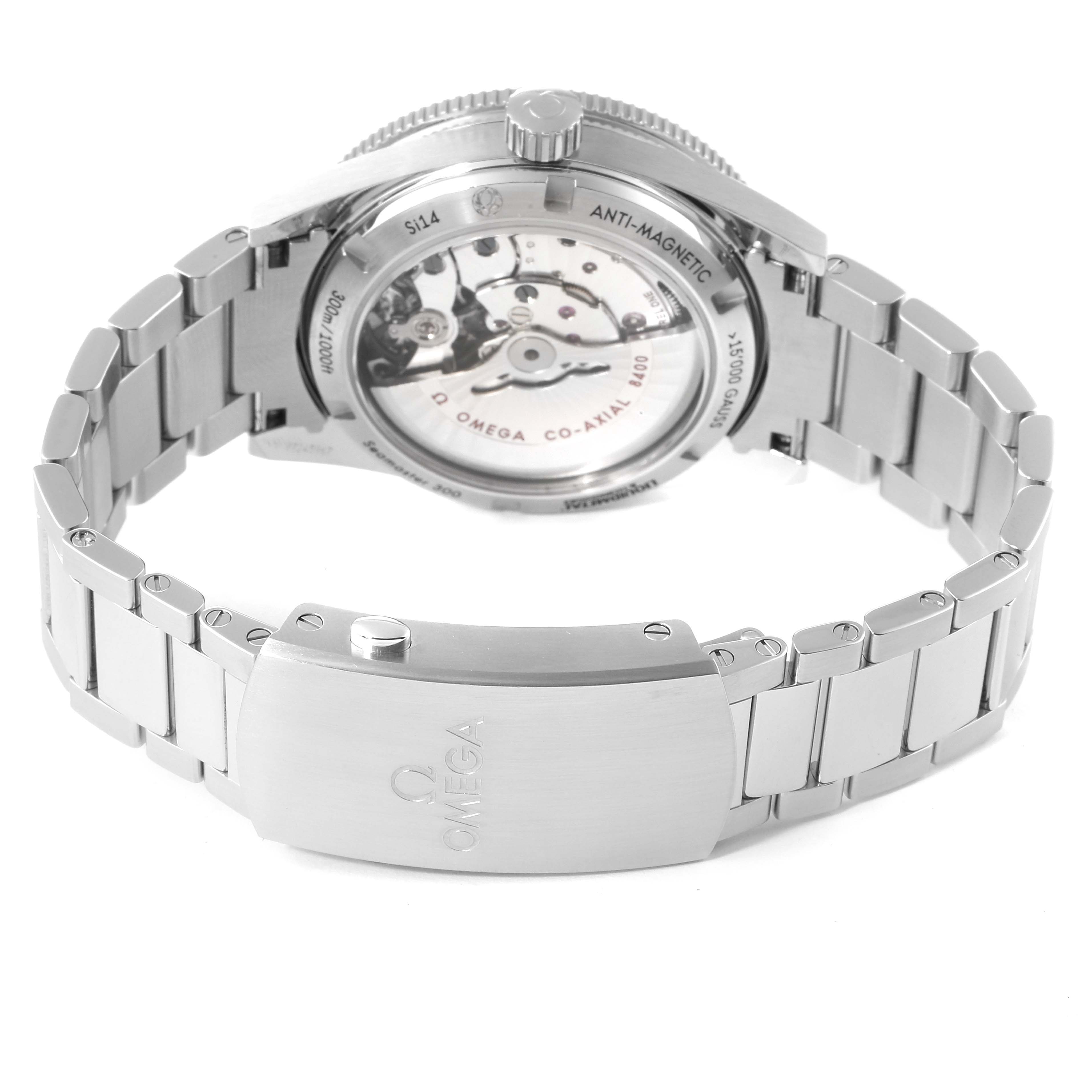 This image shows the back view of the Omega Seamaster 233.30.41.21.01.001 Men's Stainless Steel Black Dial 233.30.41.21.01.001 Men's Stainless Steel Black Dial watch, highlighting the open case back and metal bracelet.