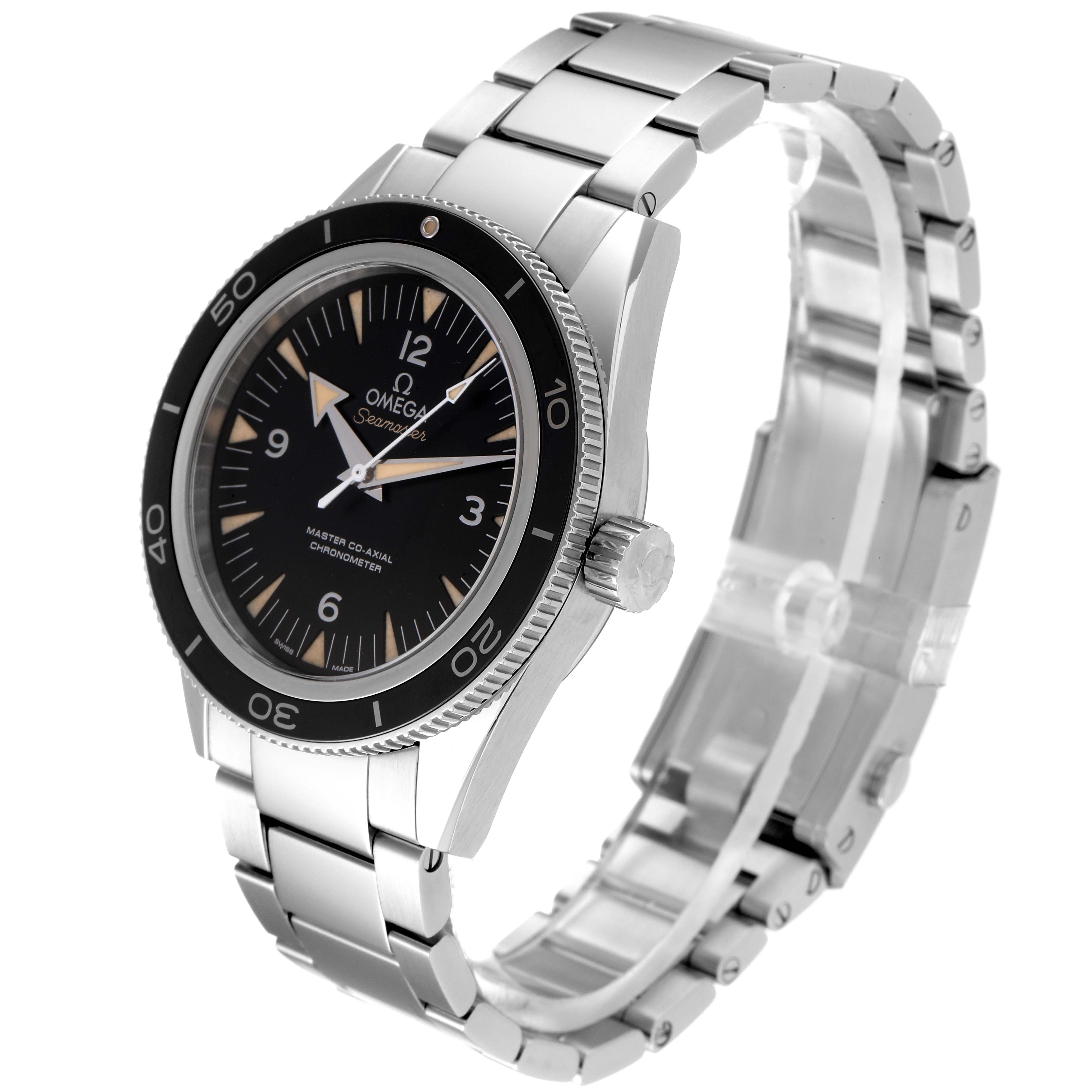 The image shows an angled view of the Omega Seamaster 233.30.41.21.01.001 Men's Stainless Steel Black Dial 233.30.41.21.01.001 Men's Stainless Steel Black Dial watch, highlighting its face, bezel, crown, and stainless steel bracelet.