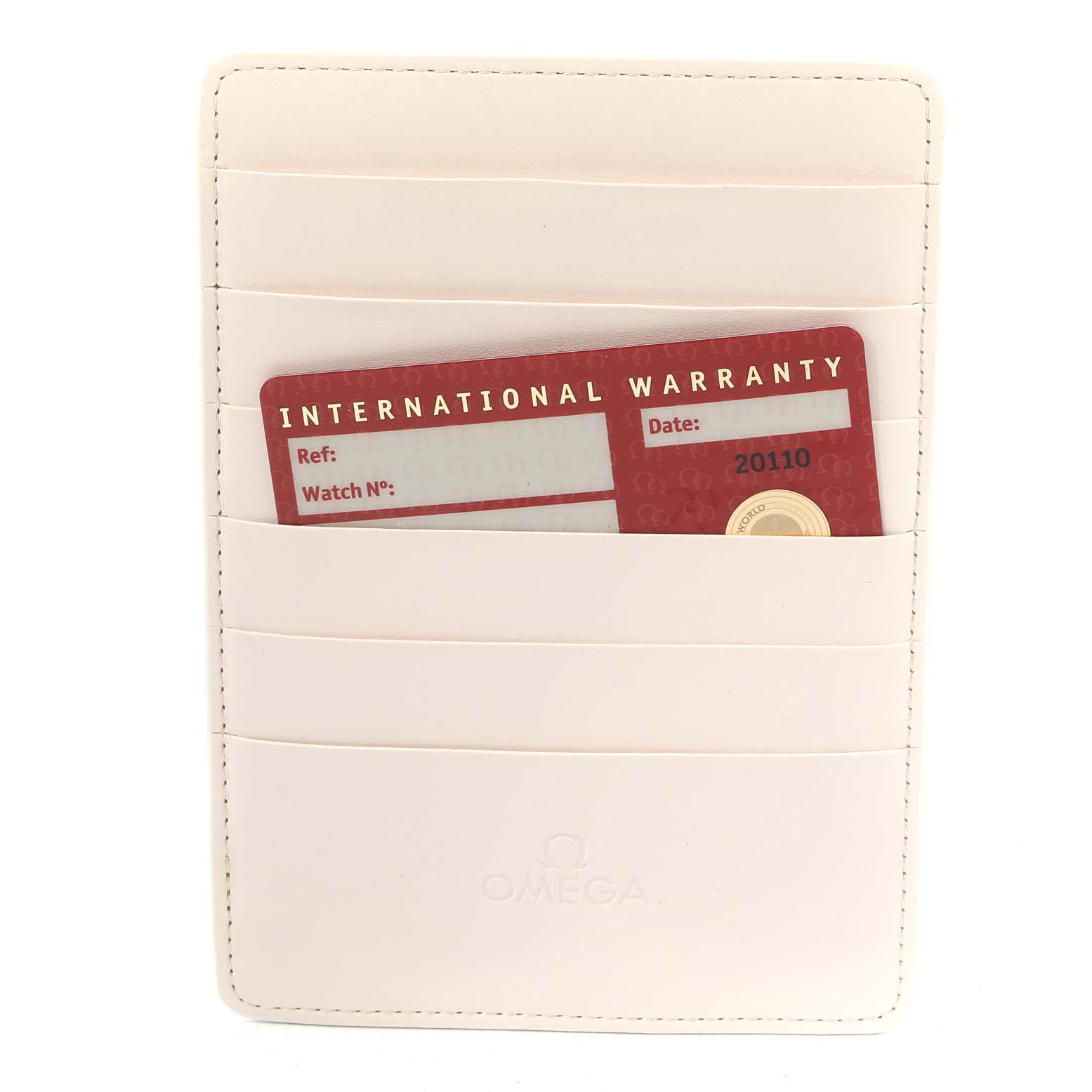 The image shows an Omega Seamaster 233.30.41.21.01.001 Men's Stainless Steel Black Dial 233.30.41.21.01.001 Men's Stainless Steel Black Dial warranty card inside a white Omega cardholder, viewed from the front.