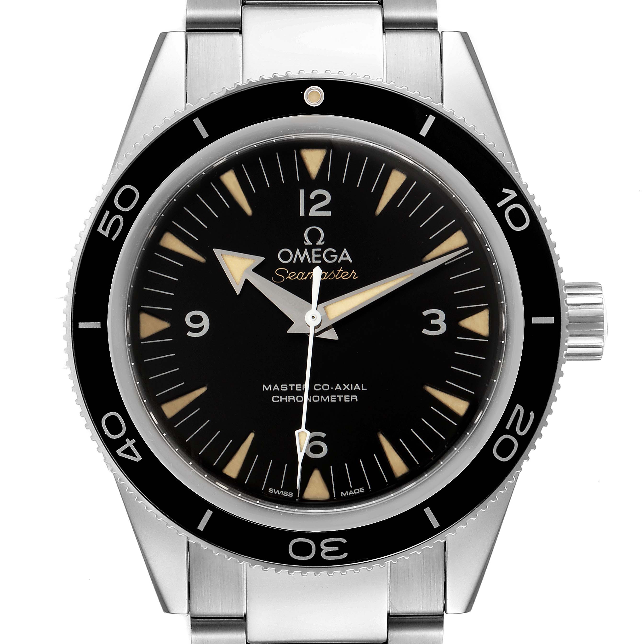 The image shows a front view of the Omega Seamaster 233.30.41.21.01.001 Men's Stainless Steel Black Dial 233.30.41.21.01.001 Men's Stainless Steel Black Dial watch, highlighting the bezel, dial, crown, and part of the bracelet.