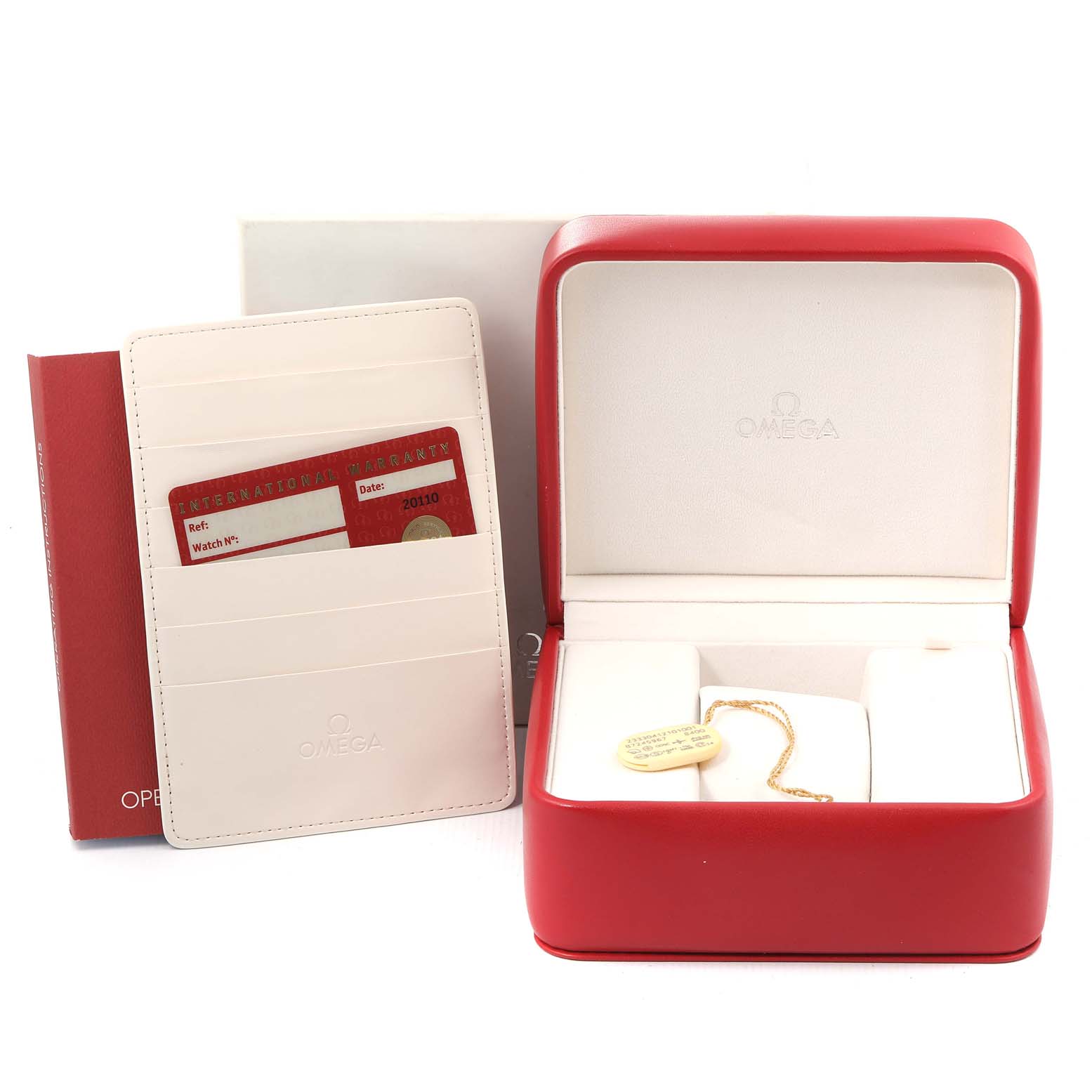 The image shows the official red box, a white cardholder with an international warranty card, and an Omega Seamaster 233.30.41.21.01.001 Men's Stainless Steel Black Dial 233.30.41.21.01.001 Men's Stainless Steel Black Dial watch tag.