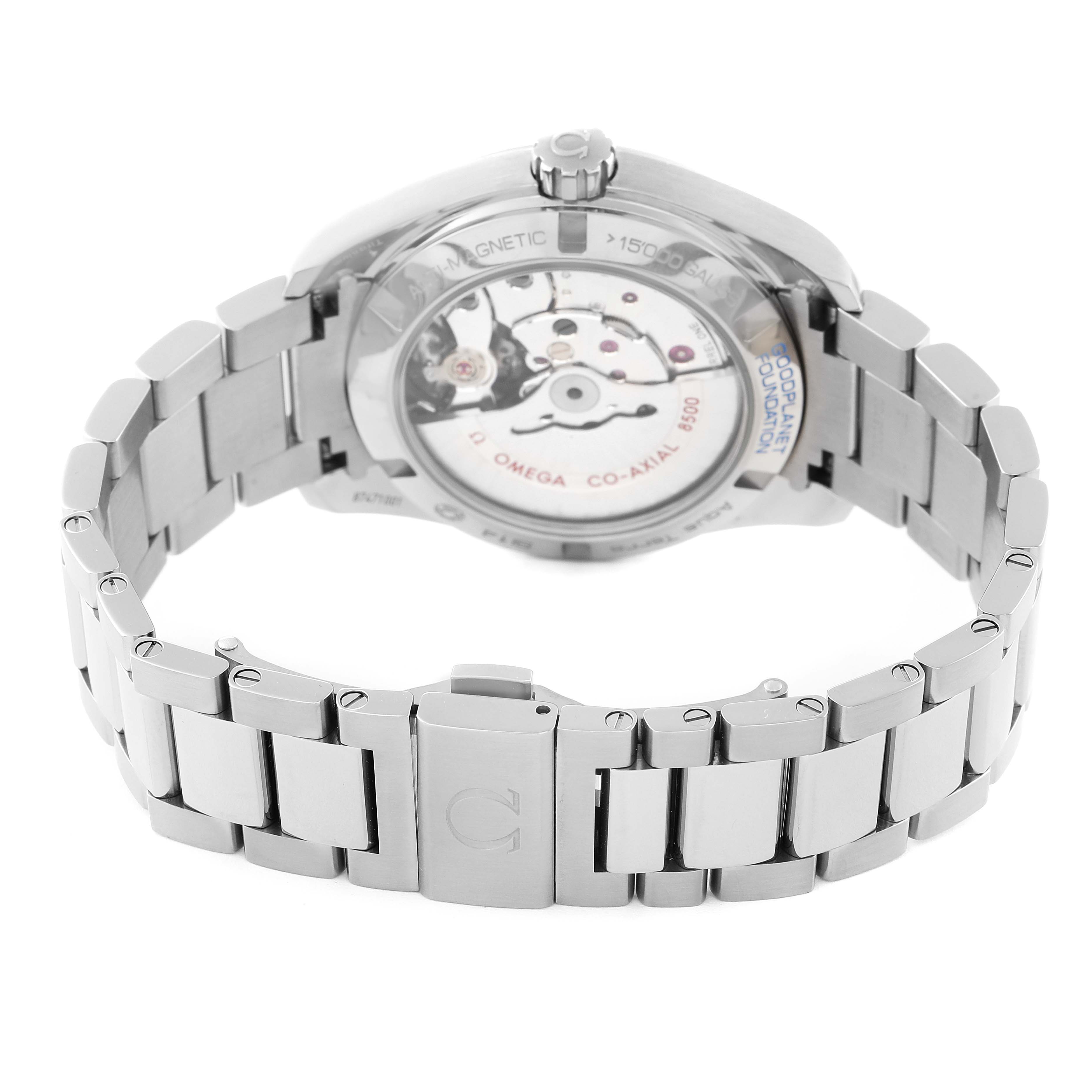 The image shows the back view of the Aqua Terra model by Omega, highlighting its exhibition case back and bracelet.