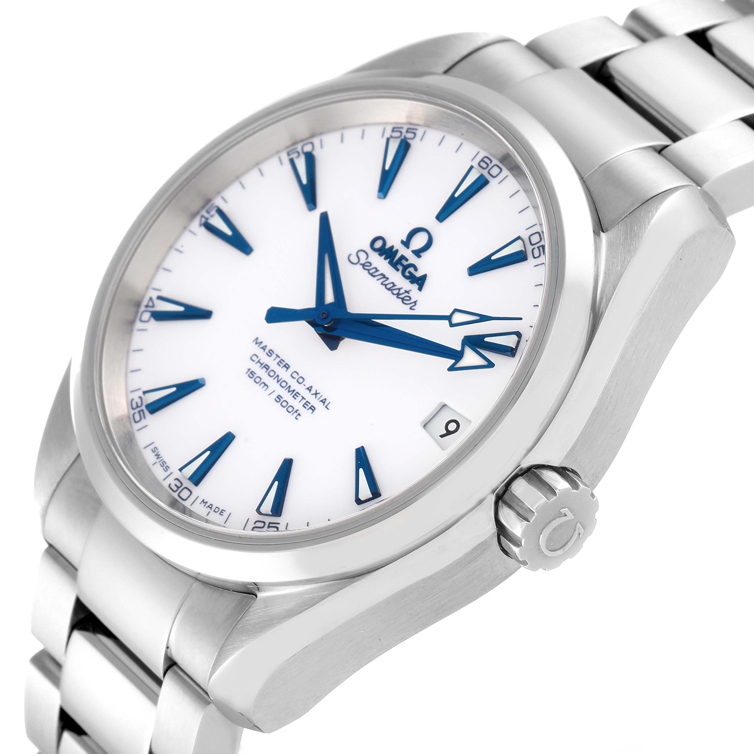 The image shows an angled view of an Omega Aqua Terra 231.90.39.21.04.001 Men's Titanium White Dial 231.90.39.21.04.001 Men's Titanium White Dial watch, featuring its face, bezel, crown, and part of the bracelet.