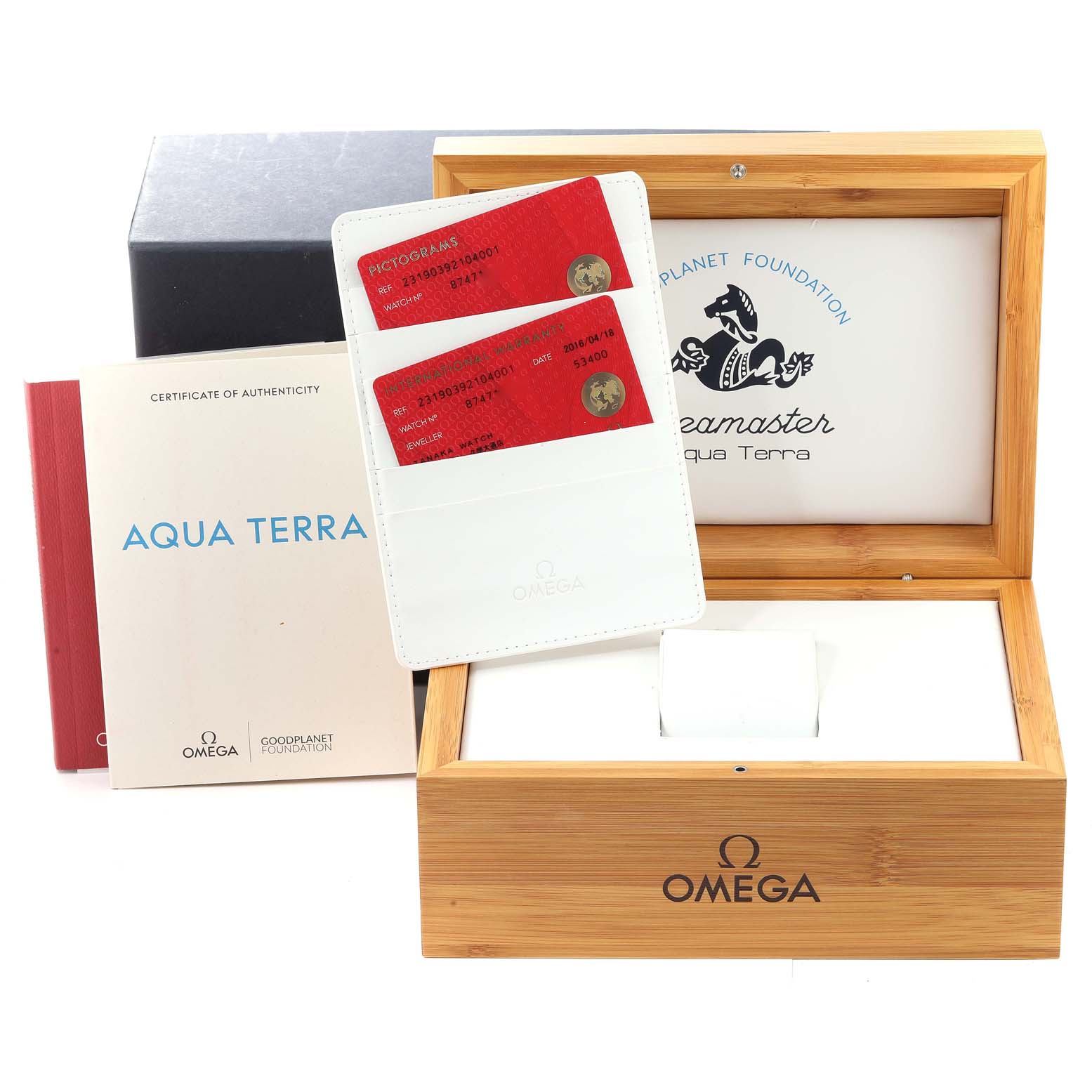 The image shows an opened Omega Aqua Terra 231.90.39.21.04.001 Men's Titanium White Dial 231.90.39.21.04.001 Men's Titanium White Dial watch box, warranty cards, and accompanying documentation from a front angle.