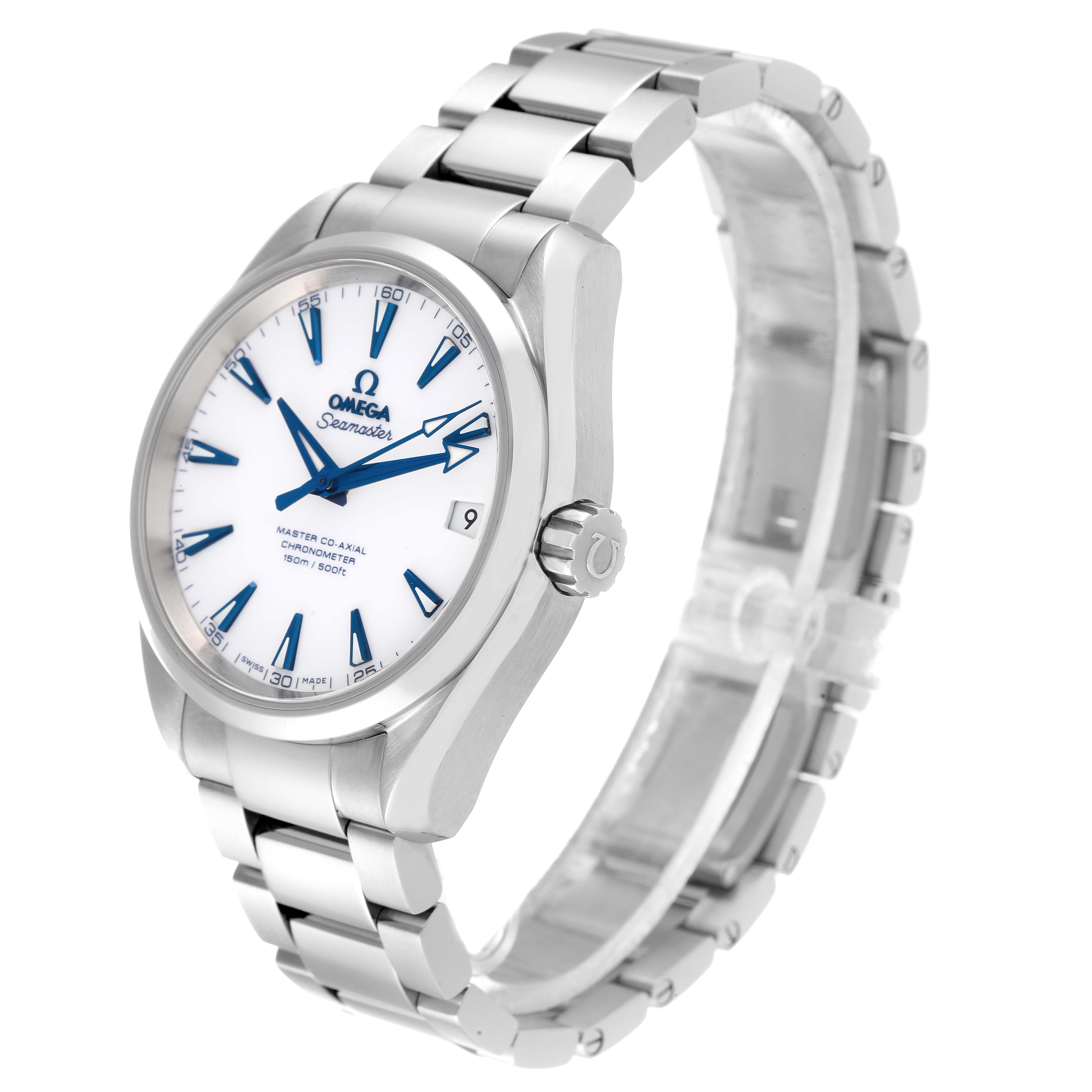 The image shows a side angle of the Omega Aqua Terra 231.90.39.21.04.001 Men's Titanium White Dial 231.90.39.21.04.001 Men's Titanium White Dial watch, featuring its face, crown, and stainless steel bracelet.