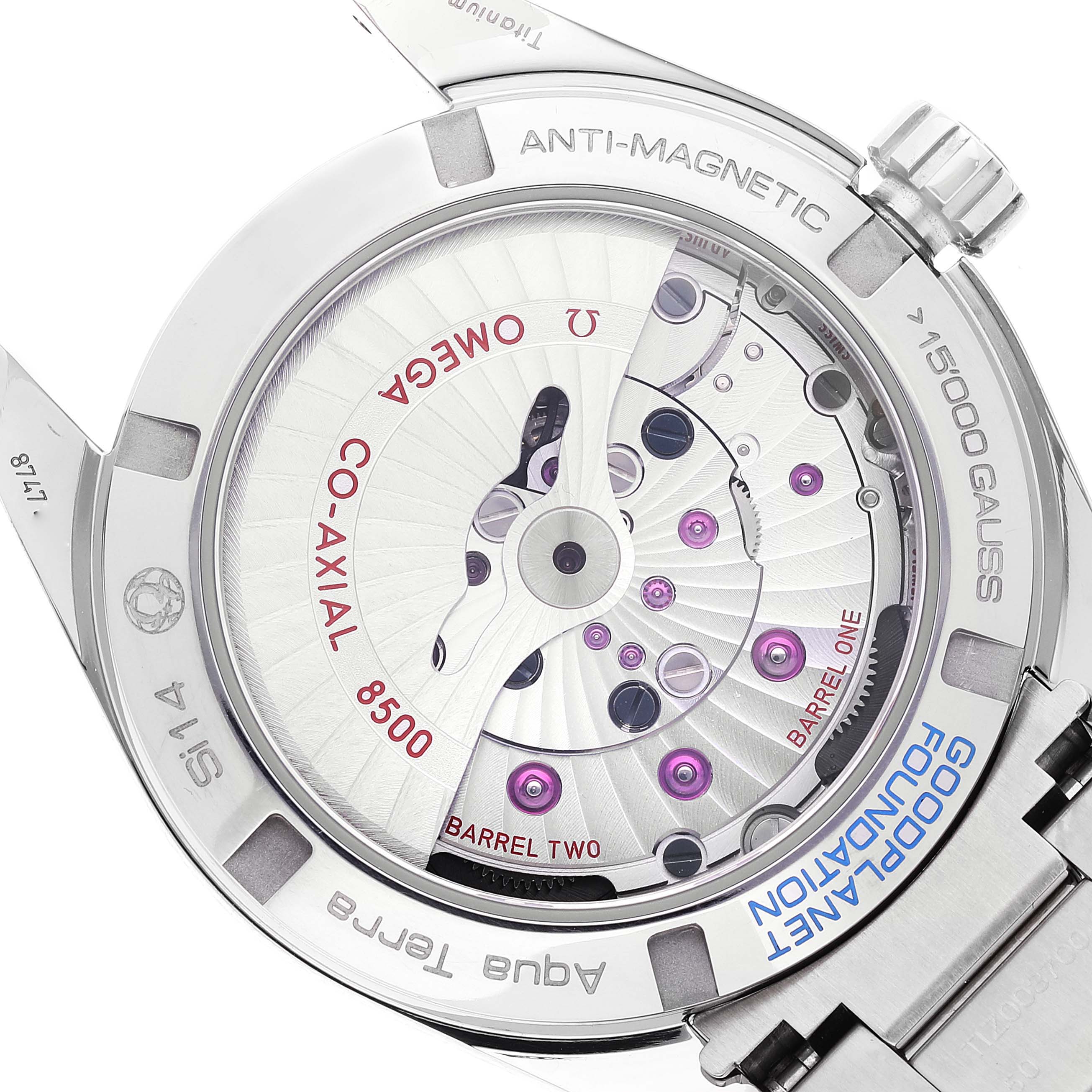 The image shows the back view of an Omega Aqua Terra 231.90.39.21.04.001 Men's Titanium White Dial 231.90.39.21.04.001 Men's Titanium White Dial watch, showcasing its Co-Axial 8500 movement.