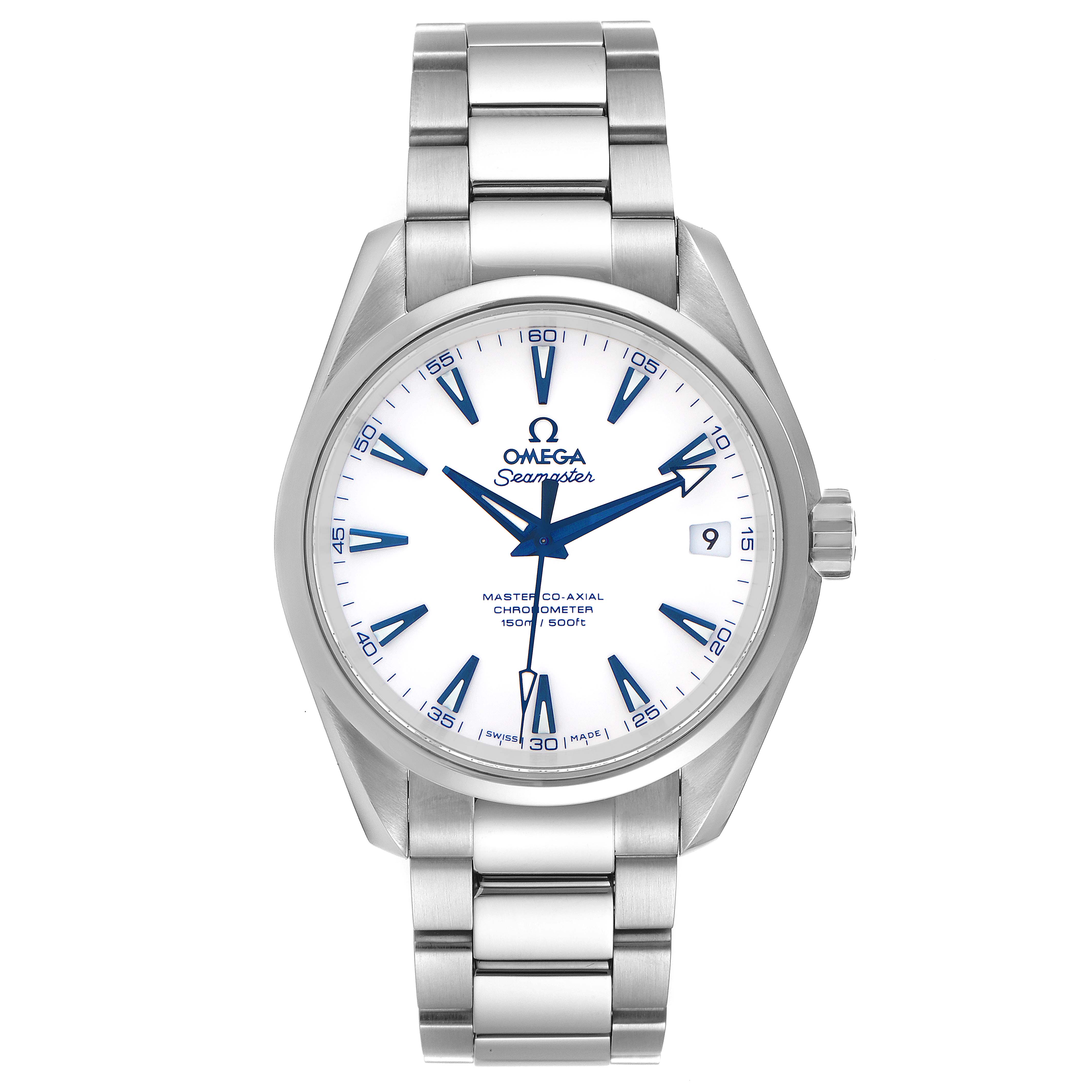 This Omega Aqua Terra 231.90.39.21.04.001 Men's Titanium White Dial 231.90.39.21.04.001 Men's Titanium White Dial model is shown from a front angle, displaying the watch face, hands, hour markers, band, and crown.