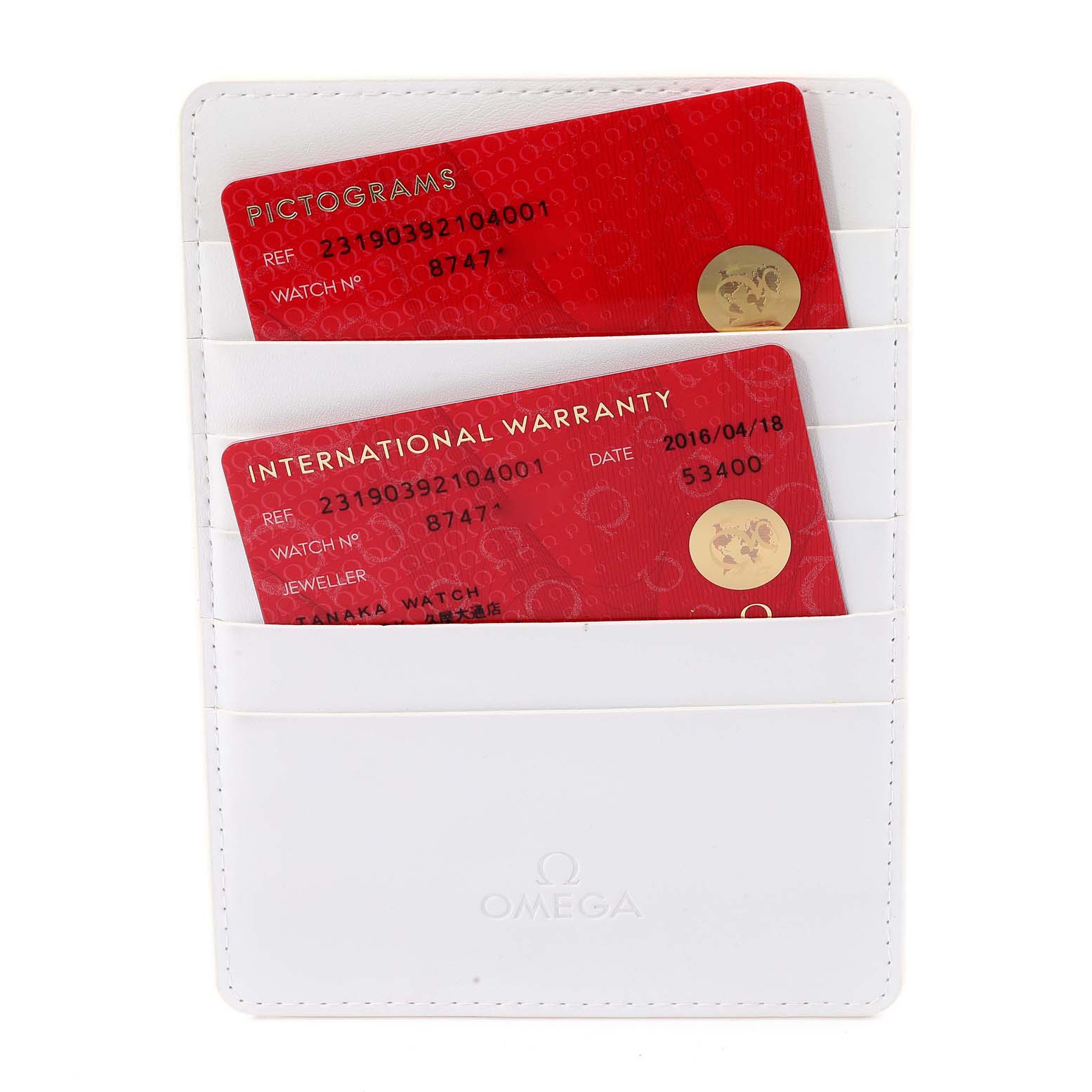 The image shows two red cards, an International Warranty and a Pictograms card, in a white cardholder for the Omega Aqua Terra 231.90.39.21.04.001 Men's Titanium White Dial 231.90.39.21.04.001 Men's Titanium White Dial watch.