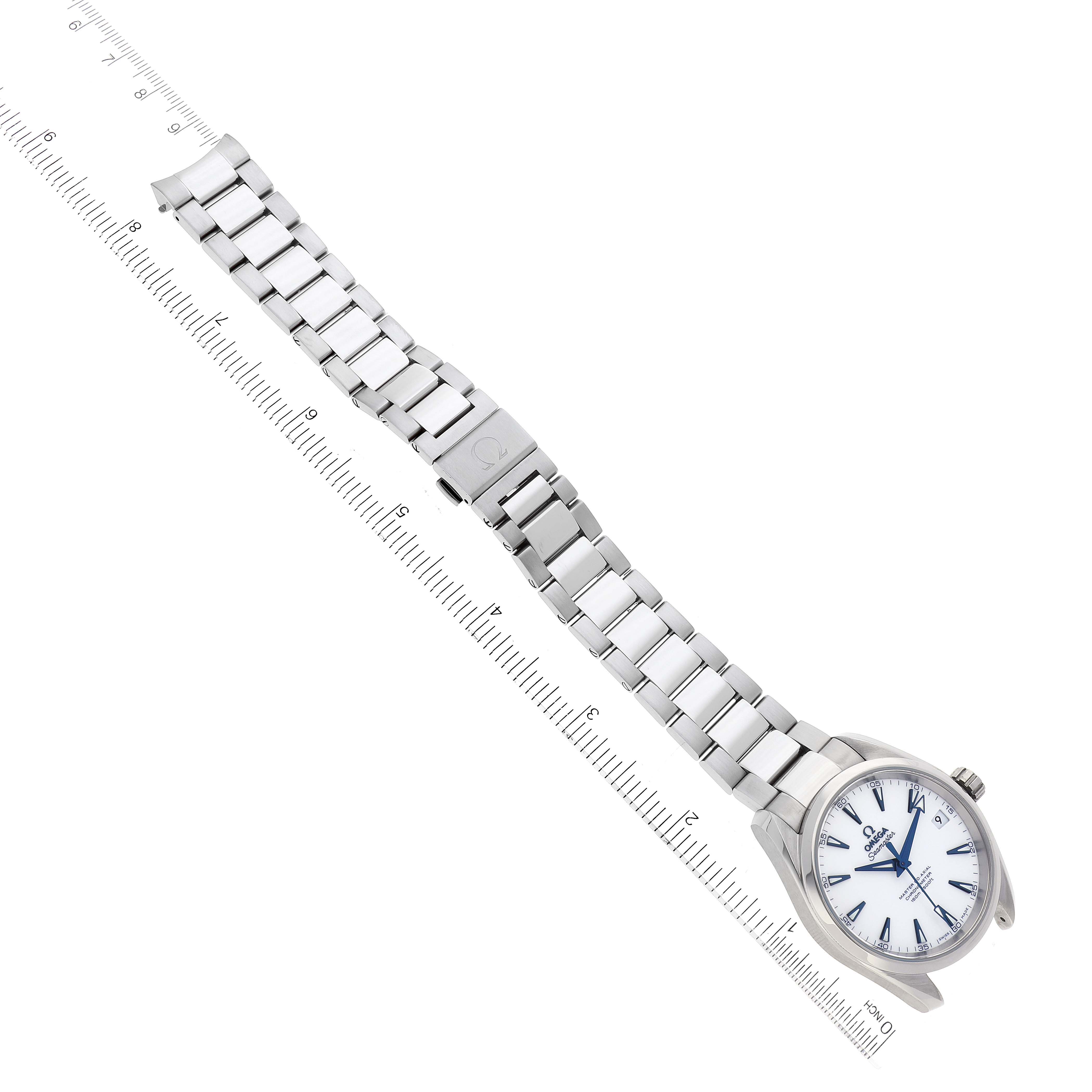 The Omega Aqua Terra 231.90.39.21.04.001 Men's Titanium White Dial 231.90.39.21.04.001 Men's Titanium White Dial watch is shown at an oblique angle, displaying the face, bracelet, and clasp along a ruler for scale.