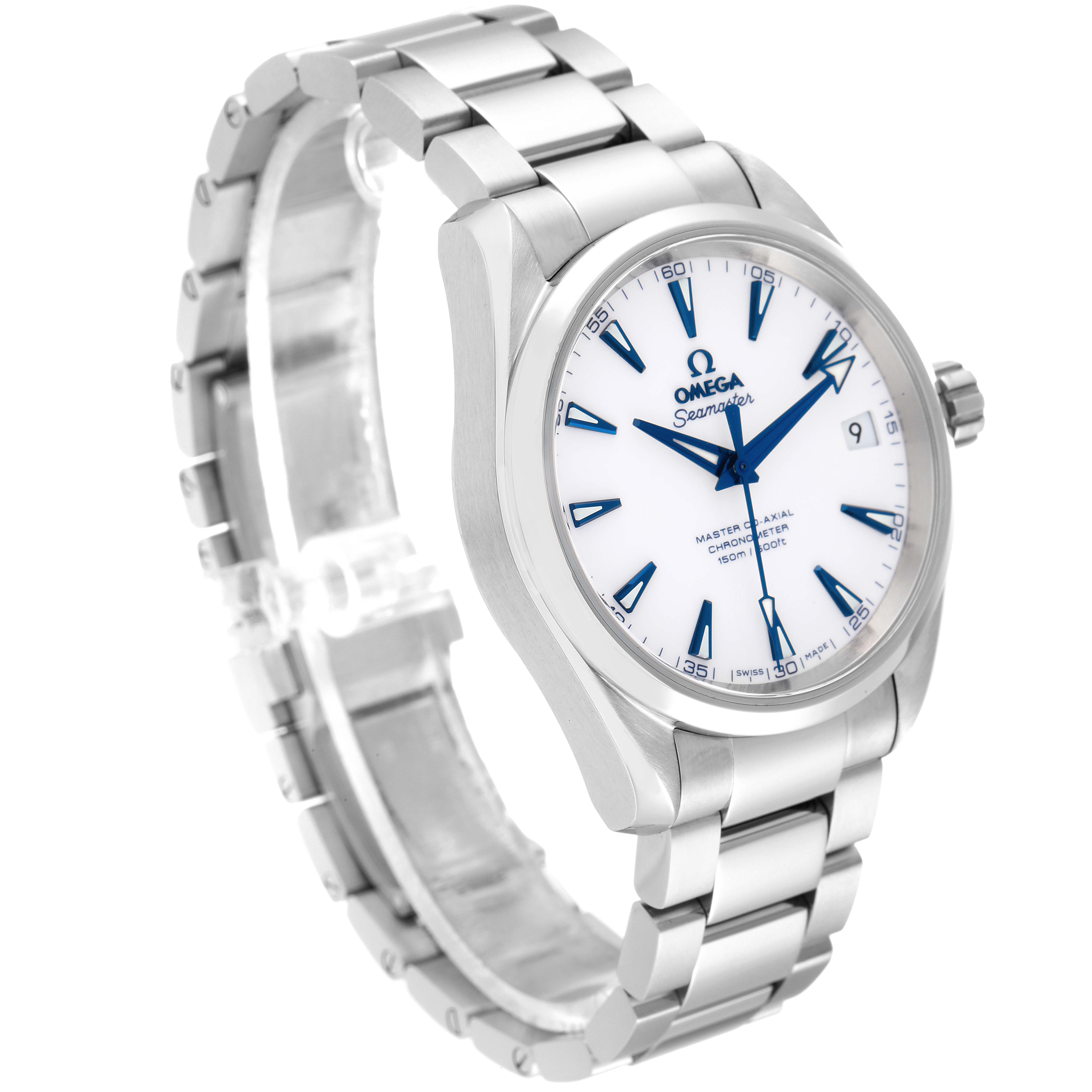 The Omega Aqua Terra 231.90.39.21.04.001 Men's Titanium White Dial 231.90.39.21.04.001 Men's Titanium White Dial watch is shown at a 3/4 angle, highlighting the face, bezel, and bracelet.