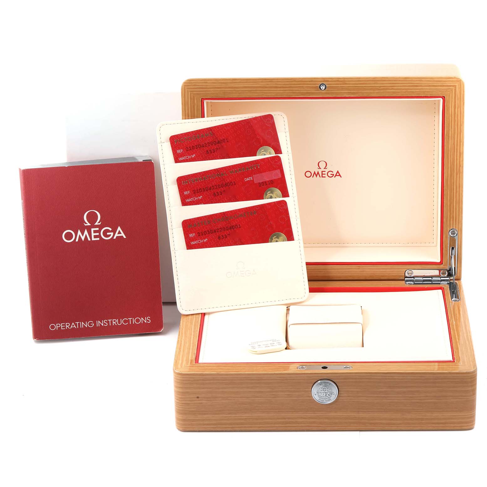 The image shows the Omega Seamaster 210.30.42.20.04.001 Men's Stainless Steel White Dial 210.30.42.20.04.001 Men's Stainless Steel White Dial watch box, operating instructions, and warranty cards from a front angle.