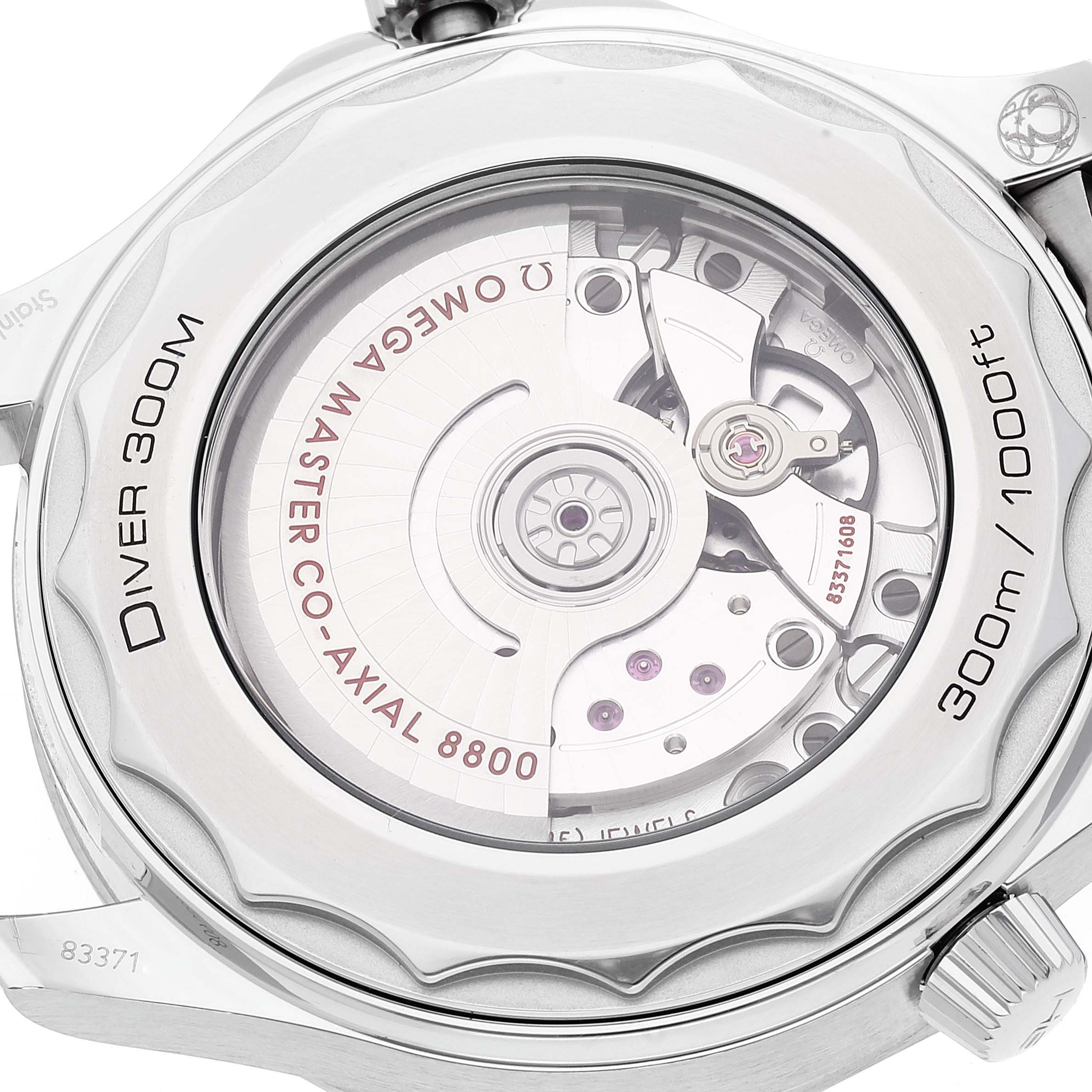 The image shows the back side of the Omega Seamaster 210.30.42.20.04.001 Men's Stainless Steel White Dial 210.30.42.20.04.001 Men's Stainless Steel White Dial watch, revealing its Co-Axial 8800 movement.