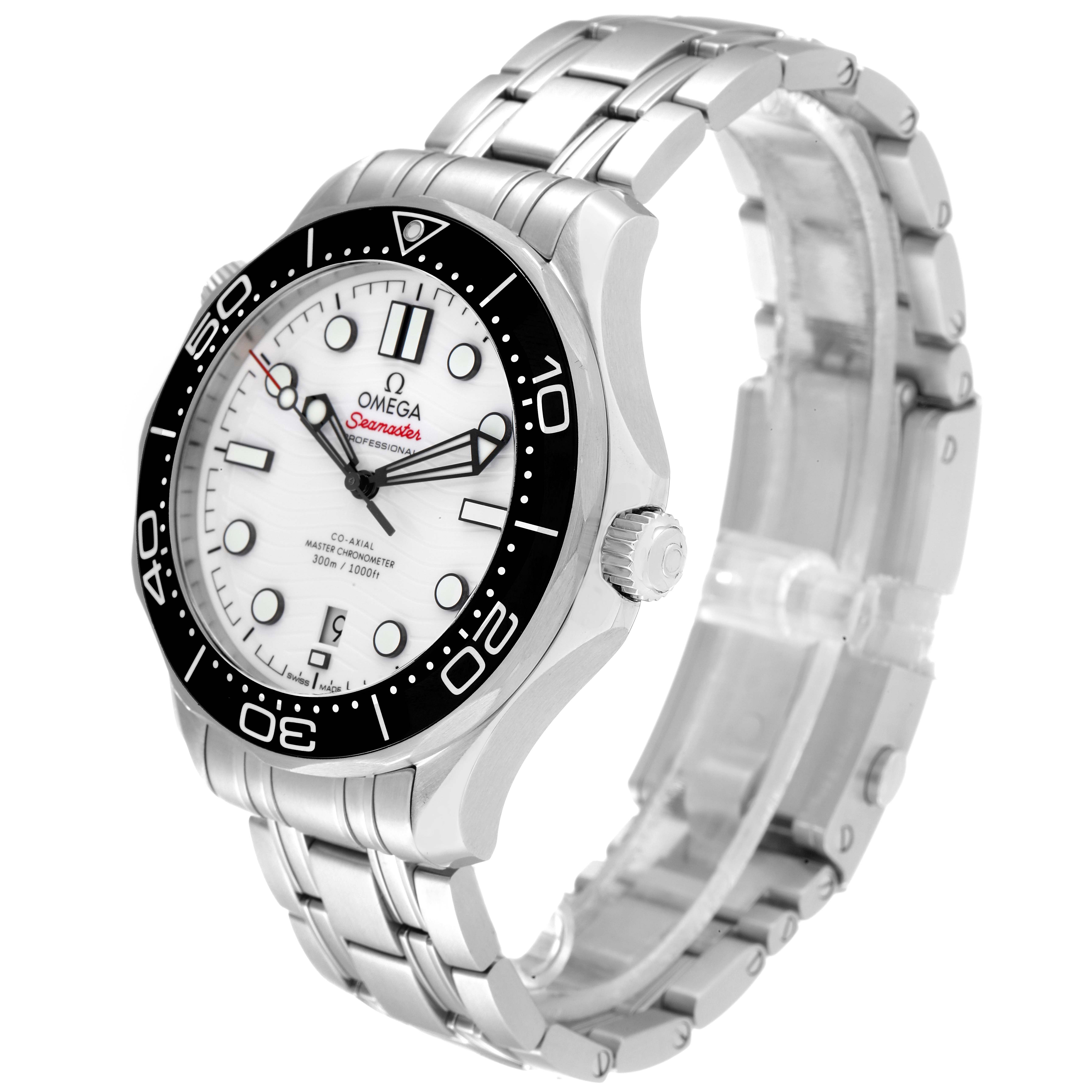 The image shows a side angle view of the Omega Seamaster 210.30.42.20.04.001 Men's Stainless Steel White Dial 210.30.42.20.04.001 Men's Stainless Steel White Dial watch, highlighting its bezel, dial, and metal bracelet.