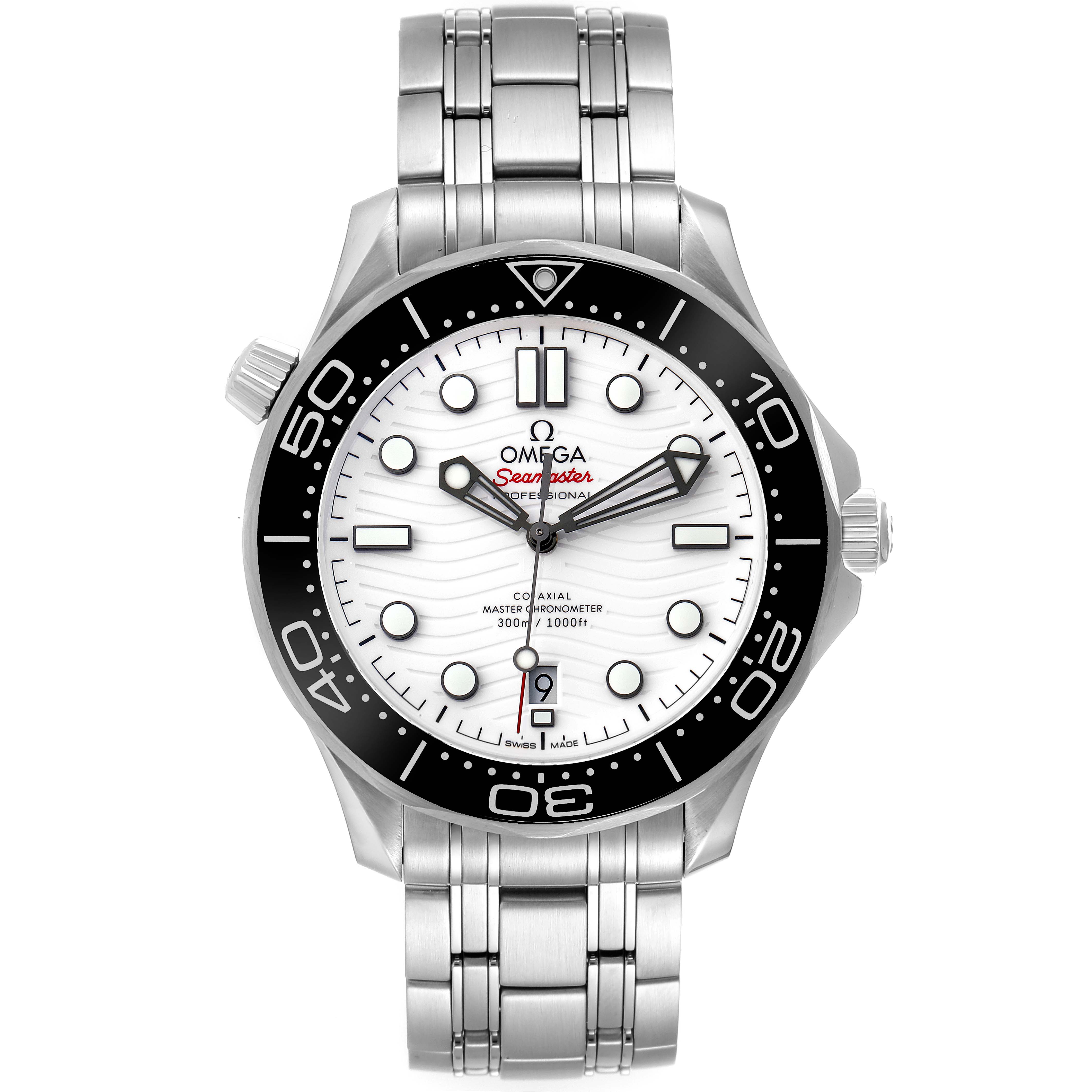 The image shows a front view of an Omega Seamaster 210.30.42.20.04.001 Men's Stainless Steel White Dial 210.30.42.20.04.001 Men's Stainless Steel White Dial watch, displaying its face, bezel, crown, and bracelet.