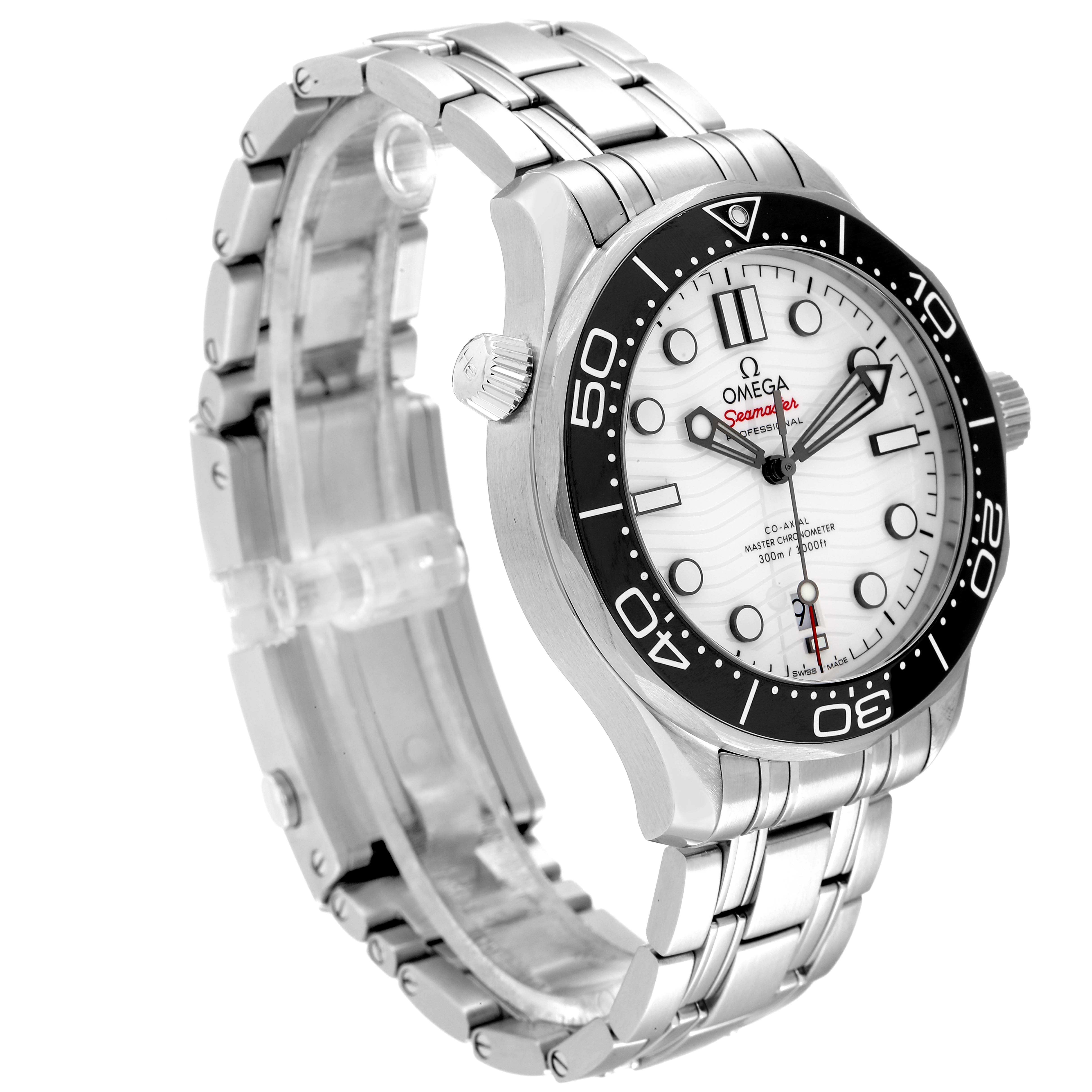 This image shows an angled view of the Omega Seamaster 210.30.42.20.04.001 Men's Stainless Steel White Dial 210.30.42.20.04.001 Men's Stainless Steel White Dial watch, highlighting its dial, bezel, crown, and stainless steel bracelet.