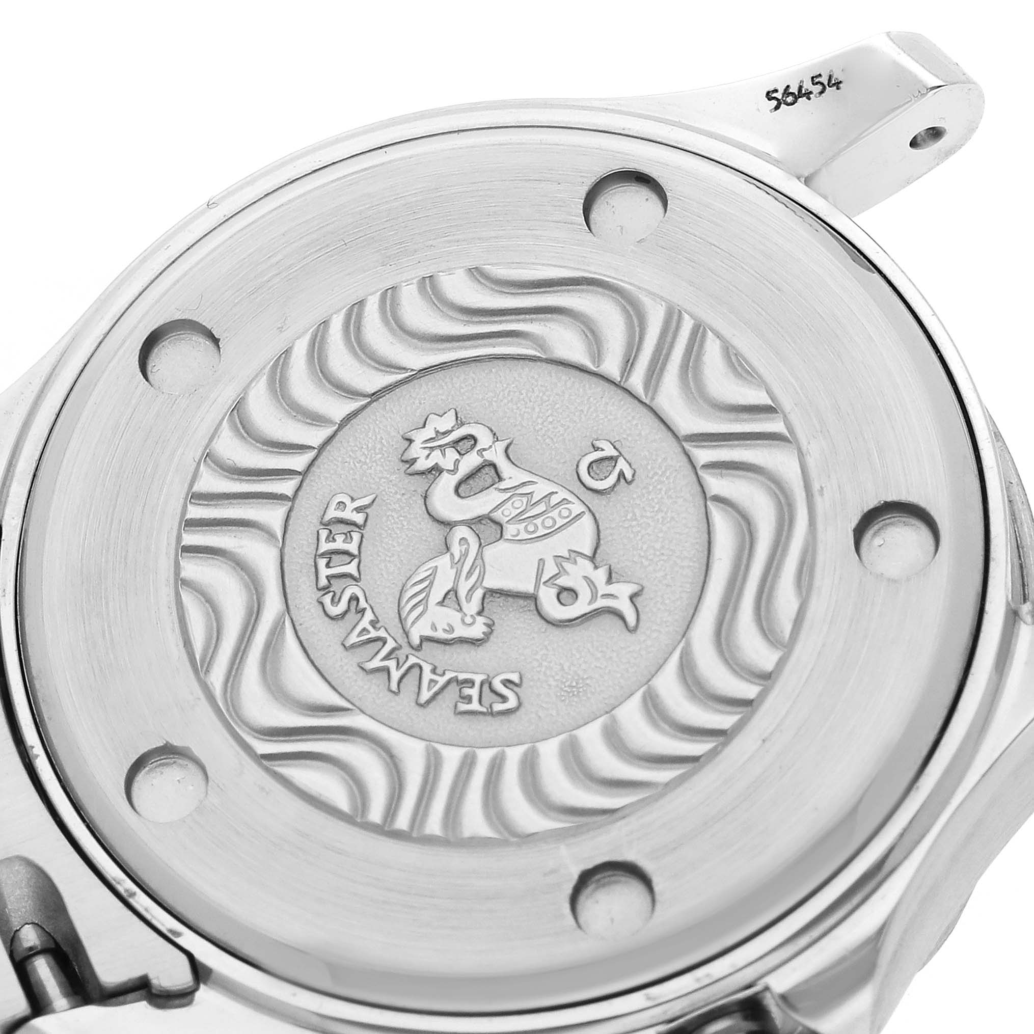 The image shows the case back of the Omega 2583.80.00 Women's Stainless Steel Blue Dial Seamaster Diver 300M 2583.80.00, highlighting its engraved design.