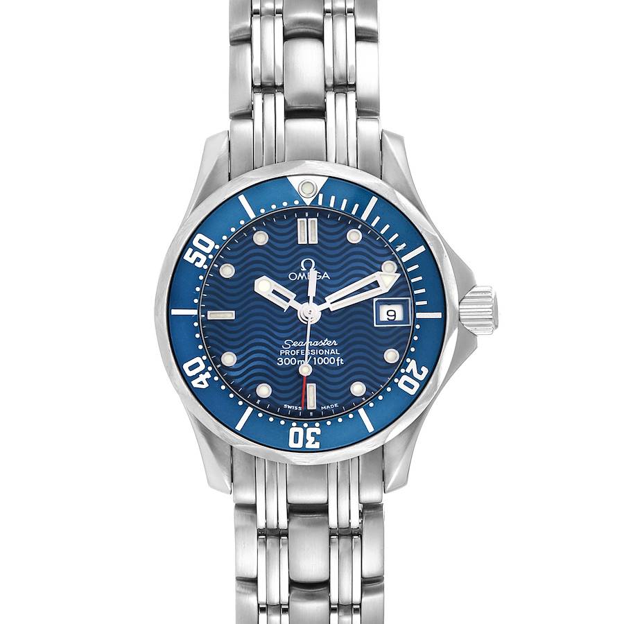 The Omega 2583.80.00 Women's Stainless Steel Blue Dial Seamaster Diver 300M 28mm Blue Dial Steel Ladies Watch is shown from a top-down angle, displaying the full face, bezel, and bracelet.