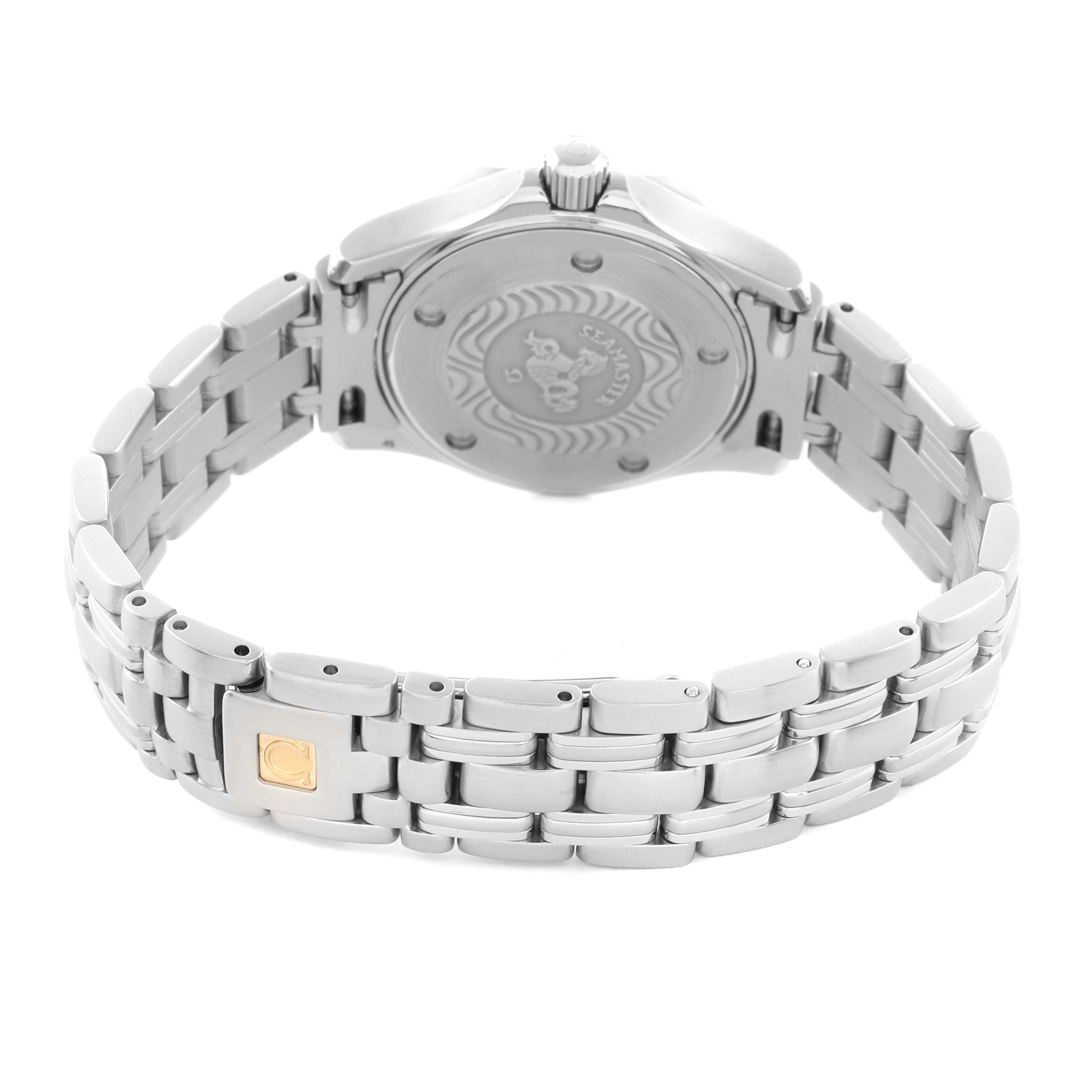 The Omega 2583.80.00 Women's Stainless Steel Blue Dial Seamaster Diver 300M 28mm is shown from the back, highlighting the case back and metal bracelet.