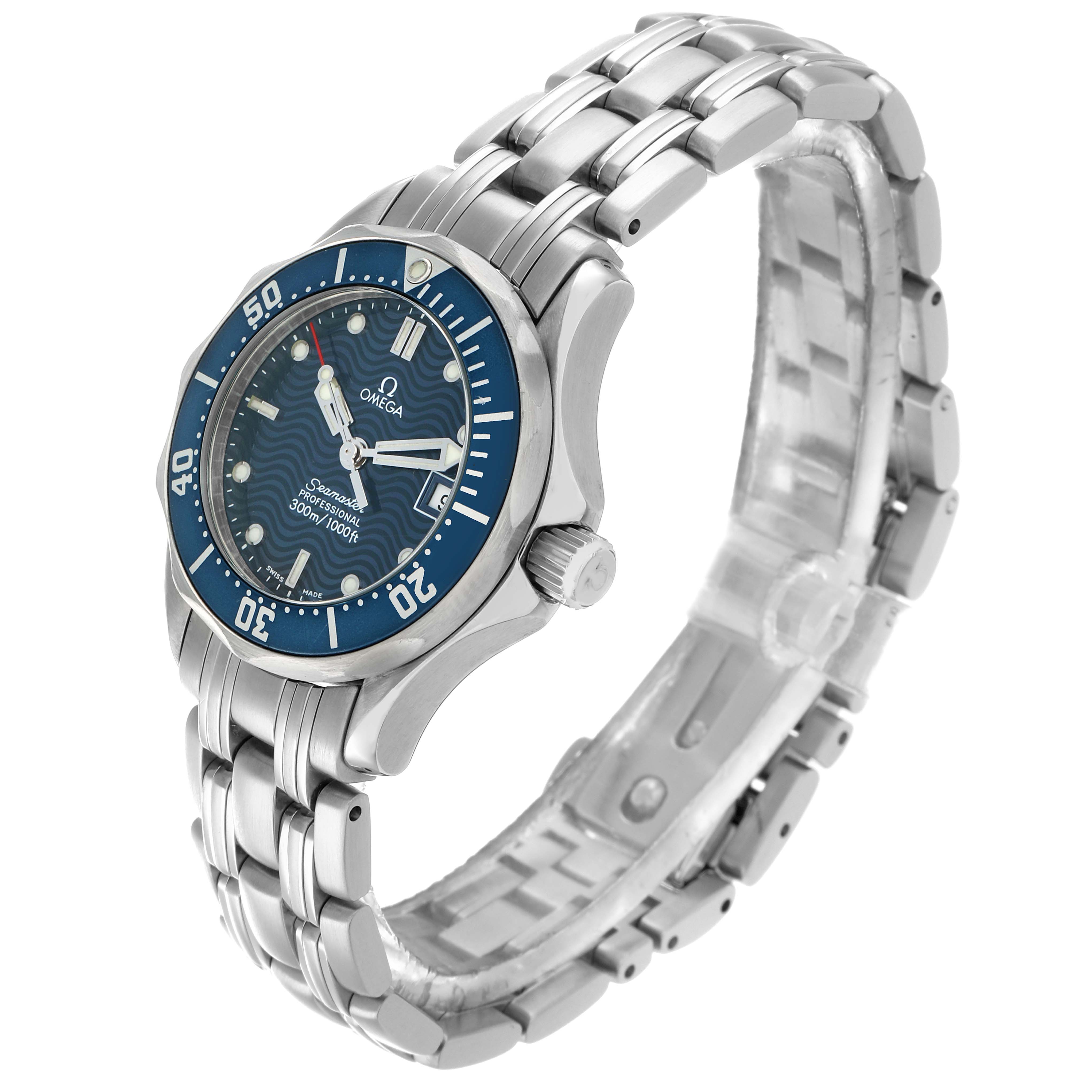 The Omega 2583.80.00 Women's Stainless Steel Blue Dial Seamaster Diver 300M 28mm displays a side angle of the blue dial and steel bracelet.