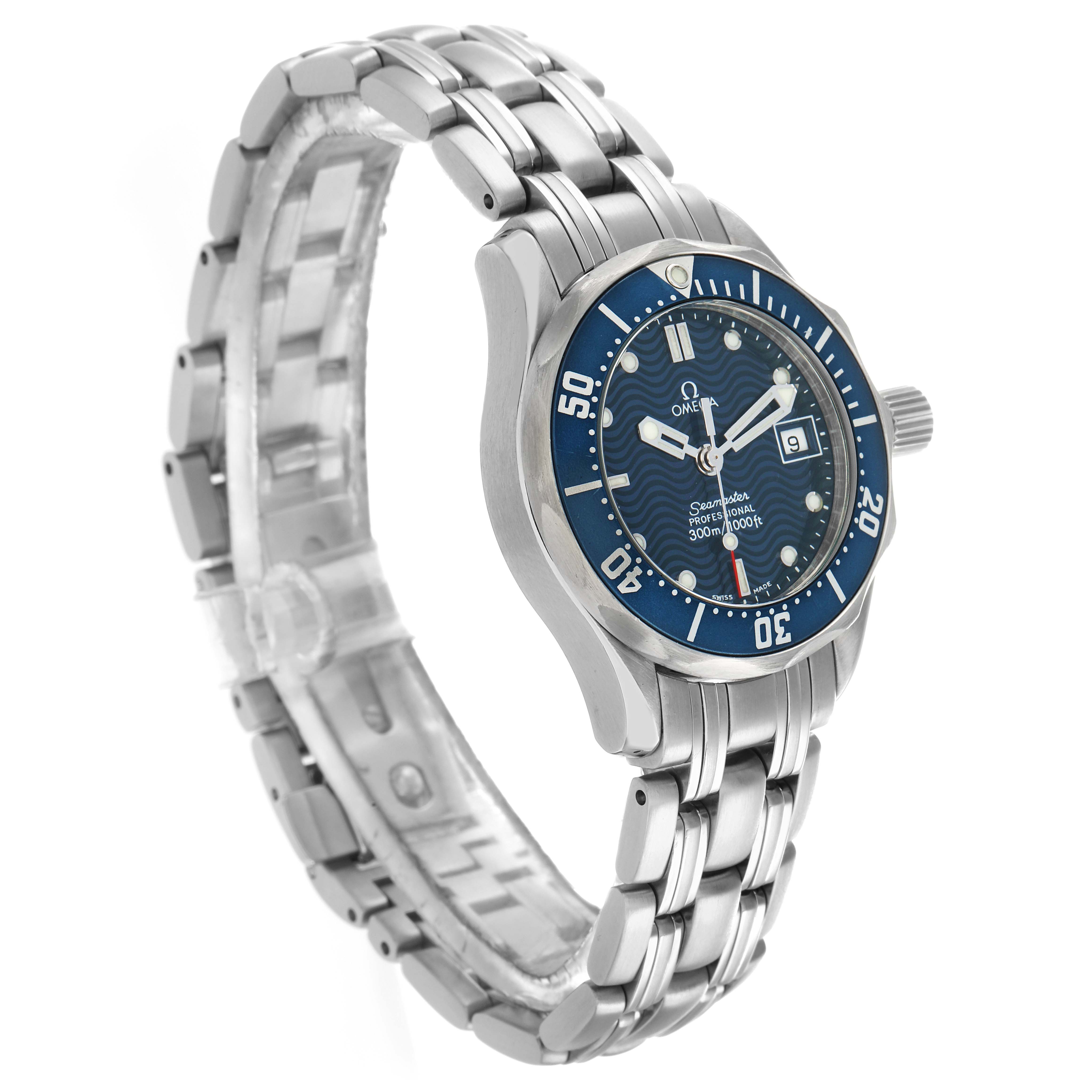 The Omega 2583.80.00 Women's Stainless Steel Blue Dial Seamaster Diver 300M is shown at a side angle, displaying the blue dial, bezel, bracelet, and crown.