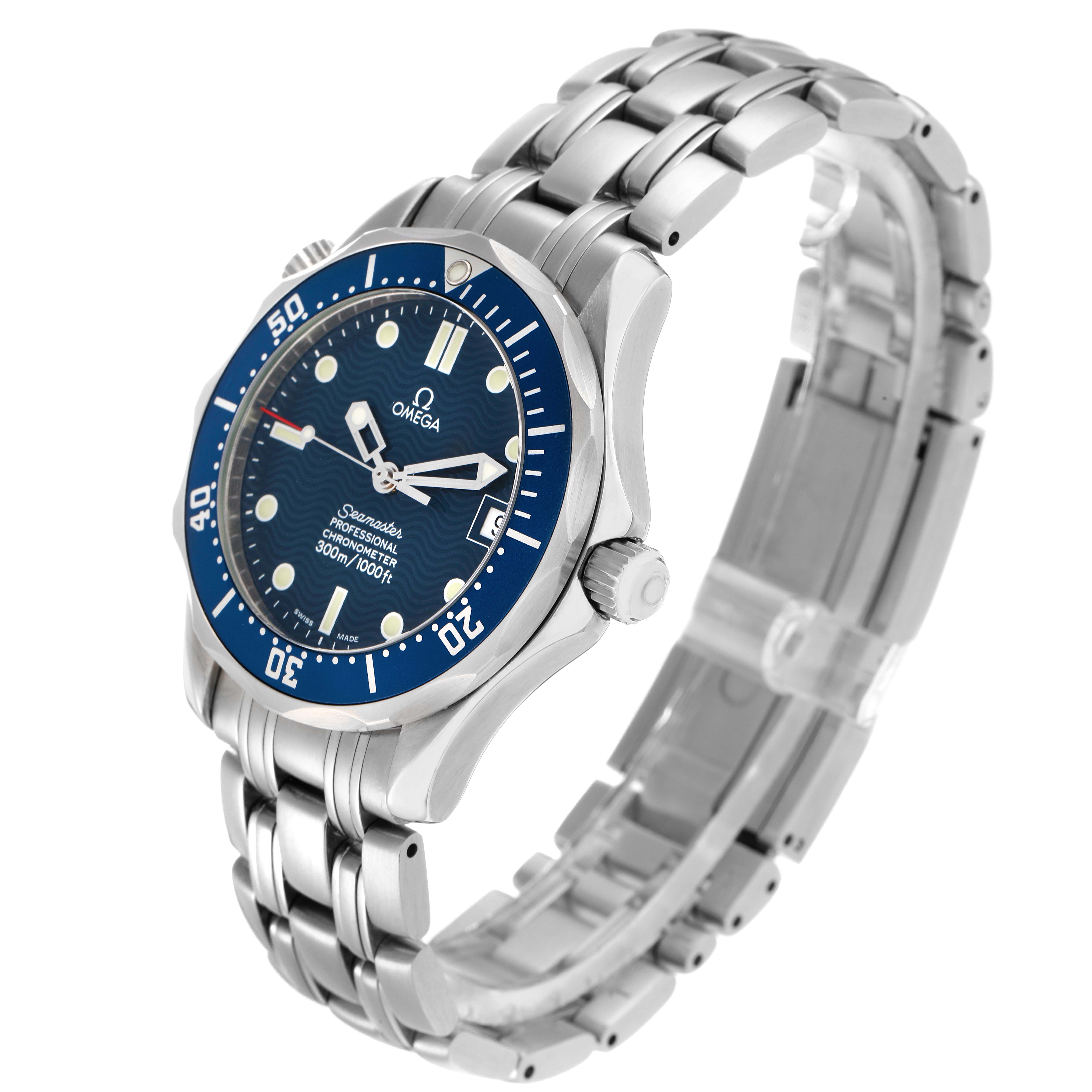 The Omega Seamaster 2551.80.00 Men
s Stainless Steel Blue Dial watch is shown at a three-quarter angle, highlighting the face, bezel, and bracelet.