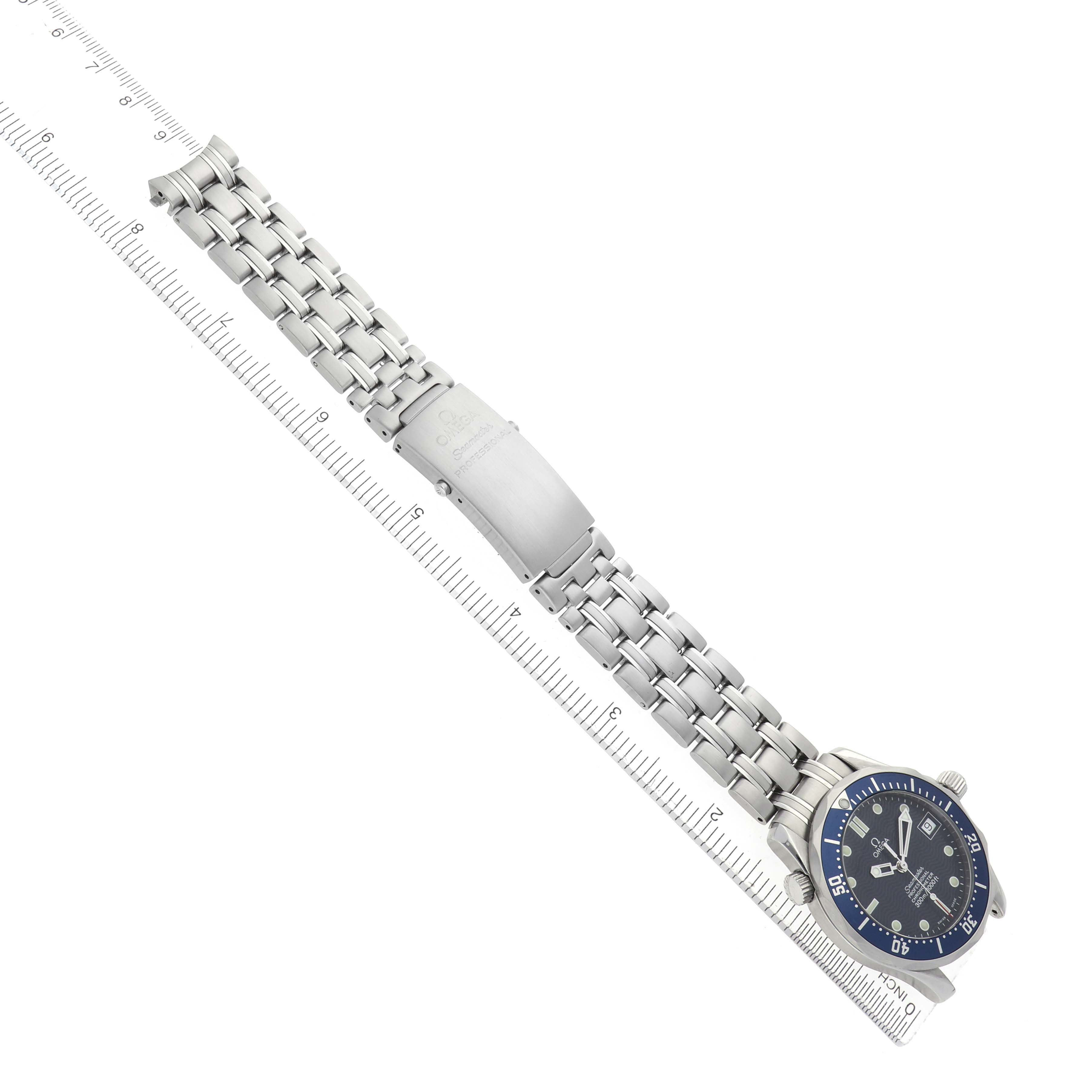 The Omega Seamaster 2551.80.00 Men
s Stainless Steel Blue Dial watch is shown at an angle, displaying the entire bracelet and clasp, along with the face and bezel.