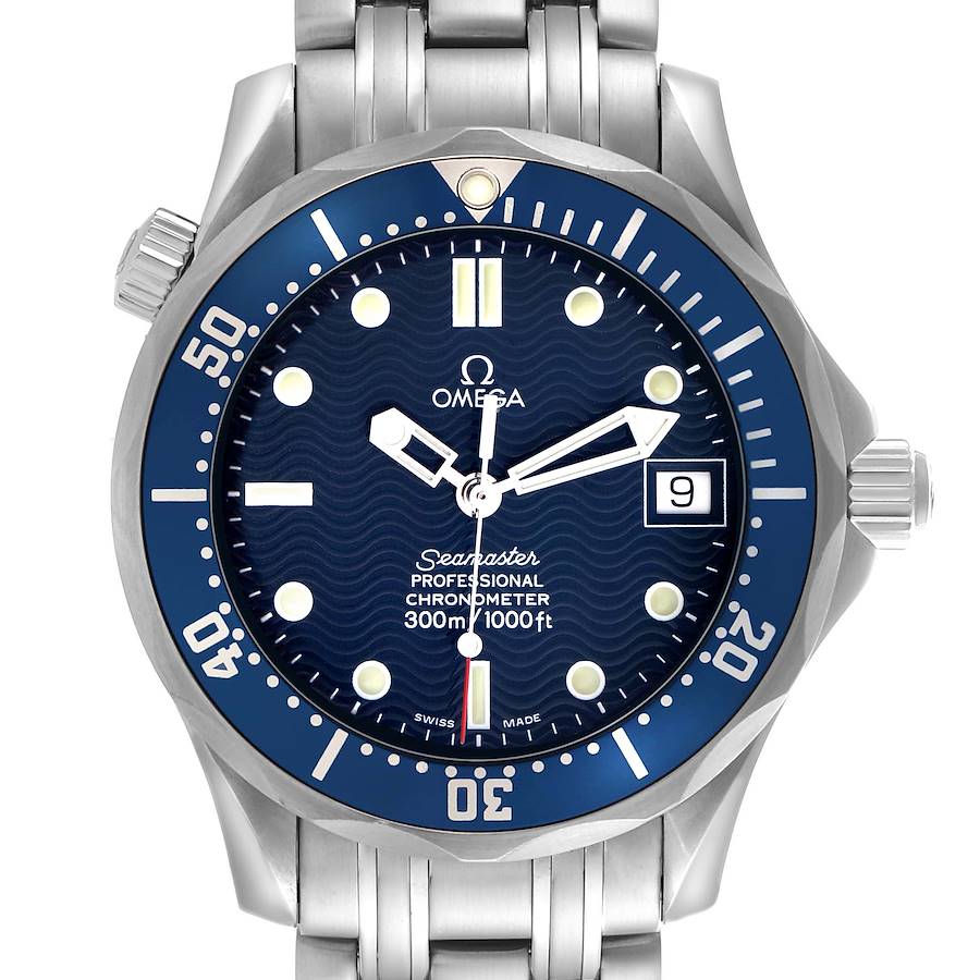 The Omega Seamaster 2551.80.00 Men's Stainless Steel Blue Dial watch is shown from a front angle, displaying the dial, bezel, crown, and part of the bracelet.