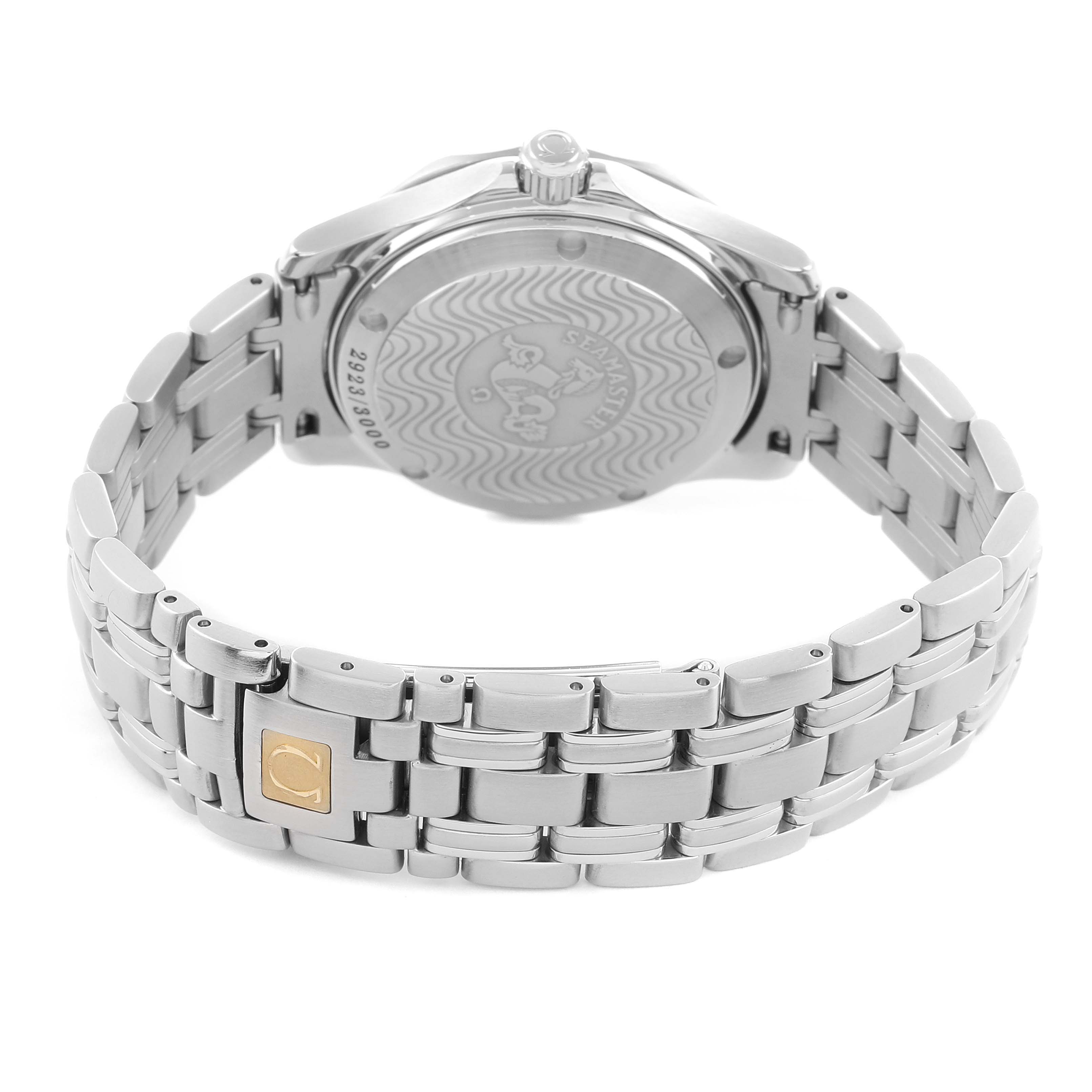 The image shows an Omega Seamaster 2553.41.00 Men
s Stainless Steel Green Dial watch from the back, highlighting the case back, bracelet, and clasp.