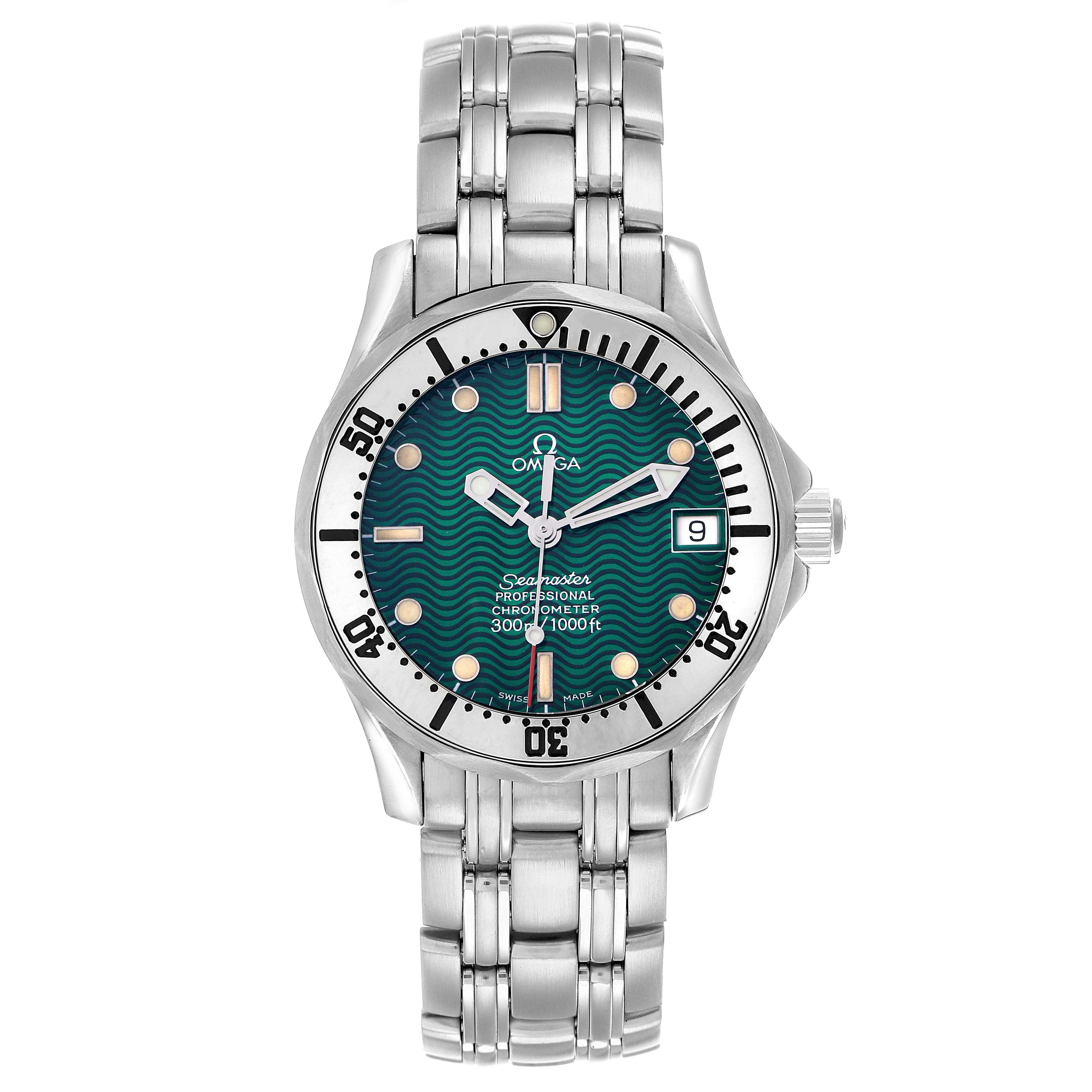 The Omega Seamaster 2553.41.00 Men
s Stainless Steel Green Dial model is shown from a front angle, highlighting its dial, bezel, and bracelet.