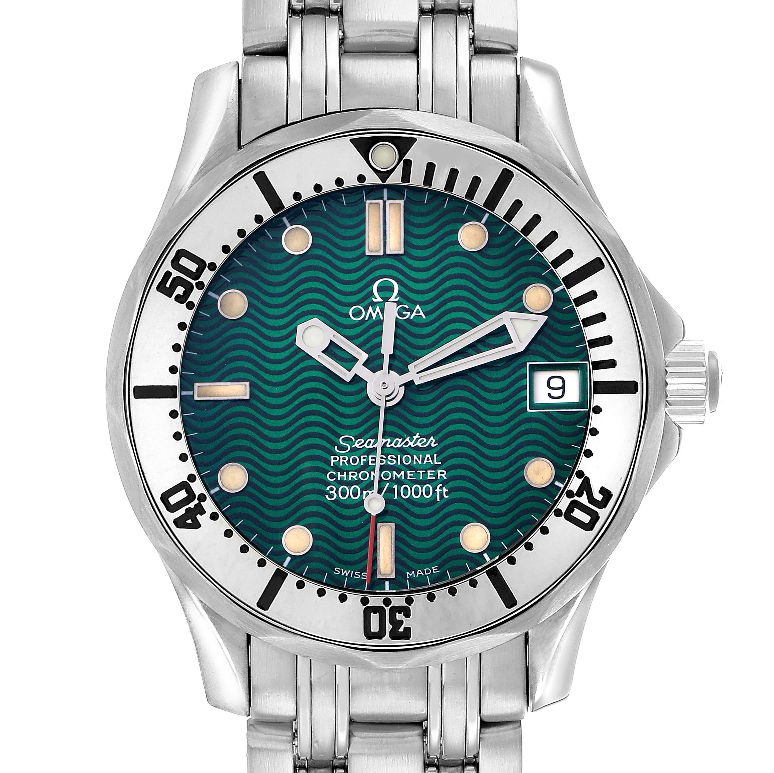 The Omega Seamaster 2553.41.00 Men
s Stainless Steel Green Dial watch is shown from the front, displaying the dial, bezel, and part of the bracelet.