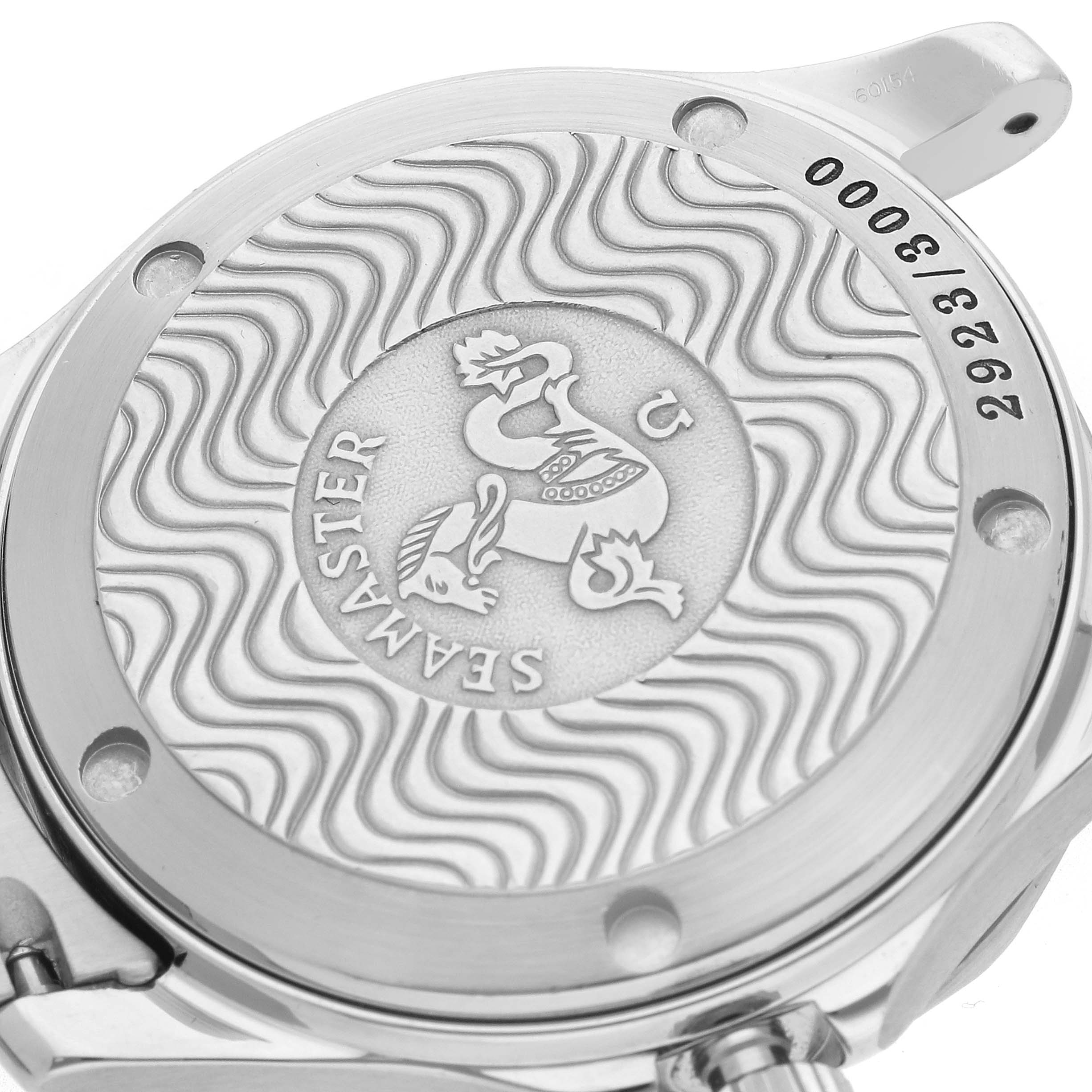 The image shows the back case of the Omega Seamaster 2553.41.00 Men
s Stainless Steel Green Dial watch, featuring an embossed logo and wave pattern design.