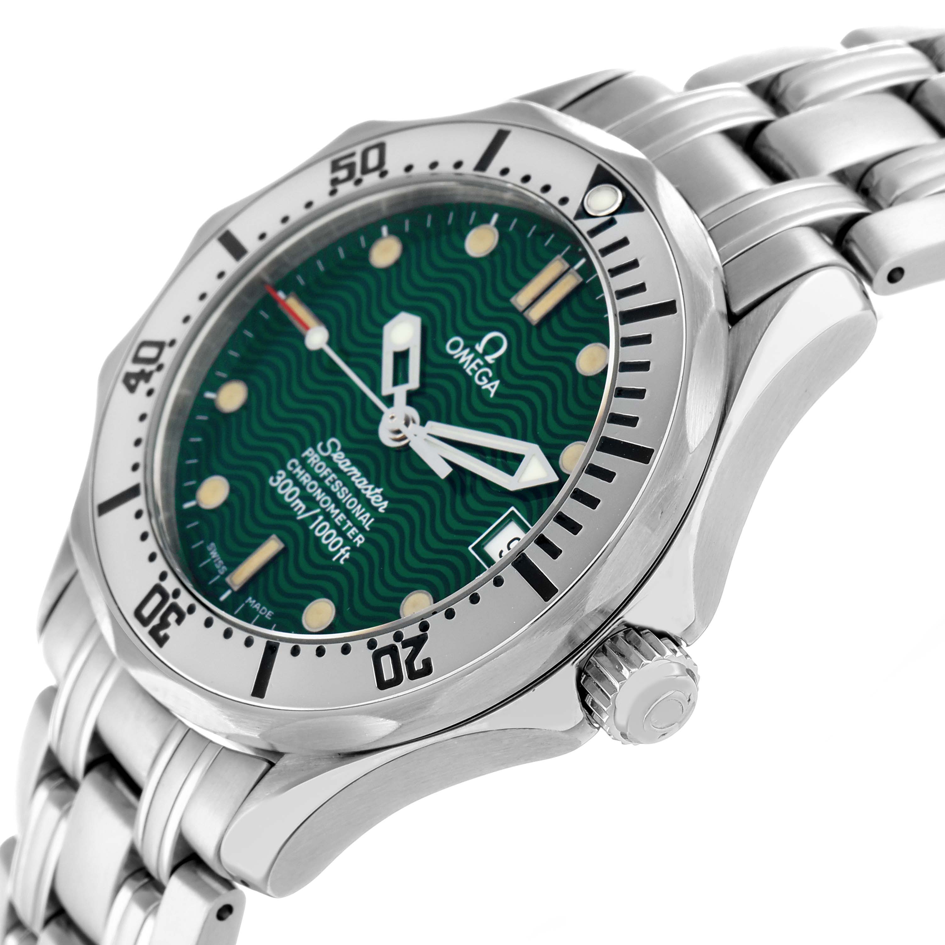 The Omega Seamaster 2553.41.00 Men
s Stainless Steel Green Dial watch is shown from a side angle, highlighting the bezel, dial, crown, and bracelet.
