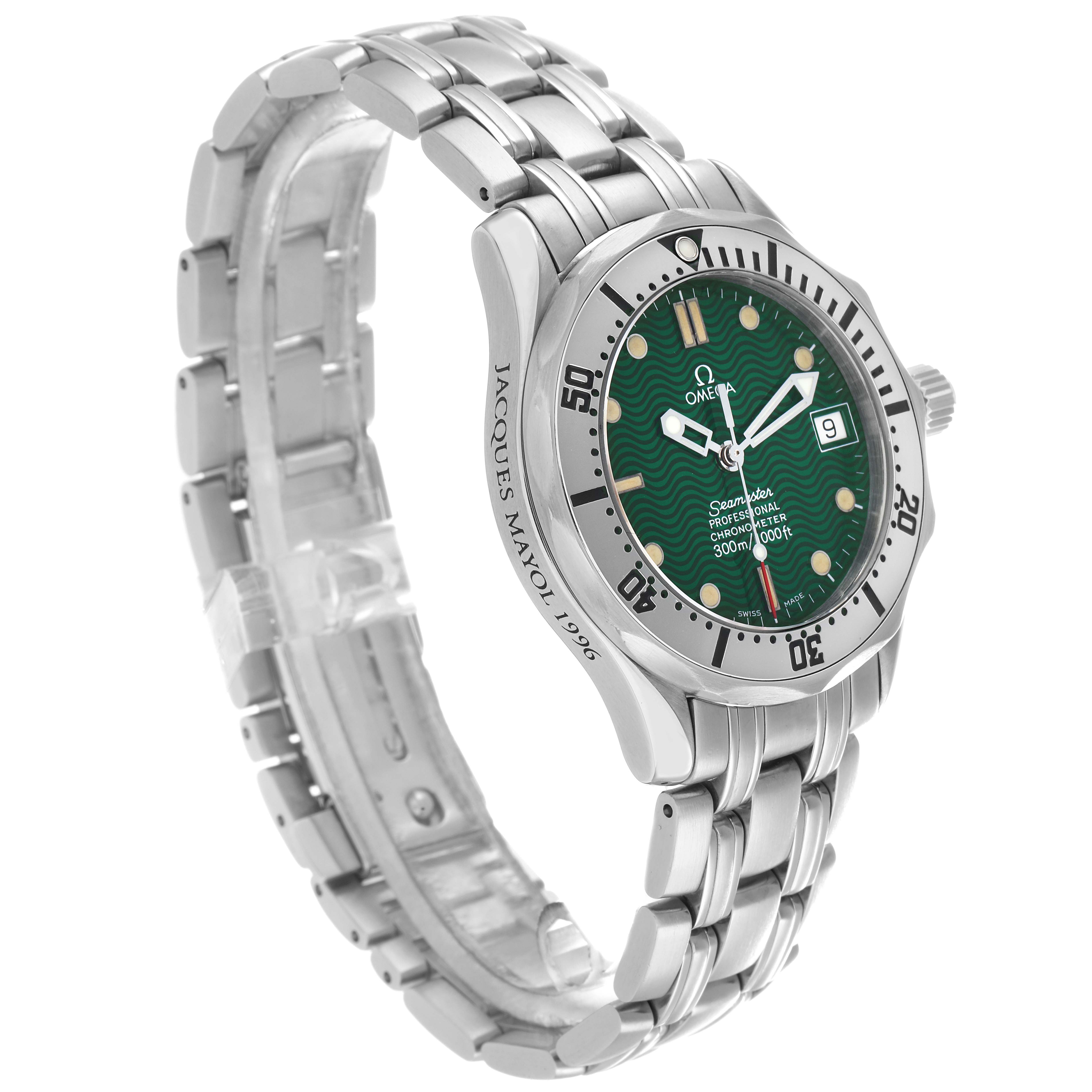 The Omega Seamaster 2553.41.00 Men
s Stainless Steel Green Dial watch is shown at an angled side view, displaying its green dial, bezel, bracelet, and crown.