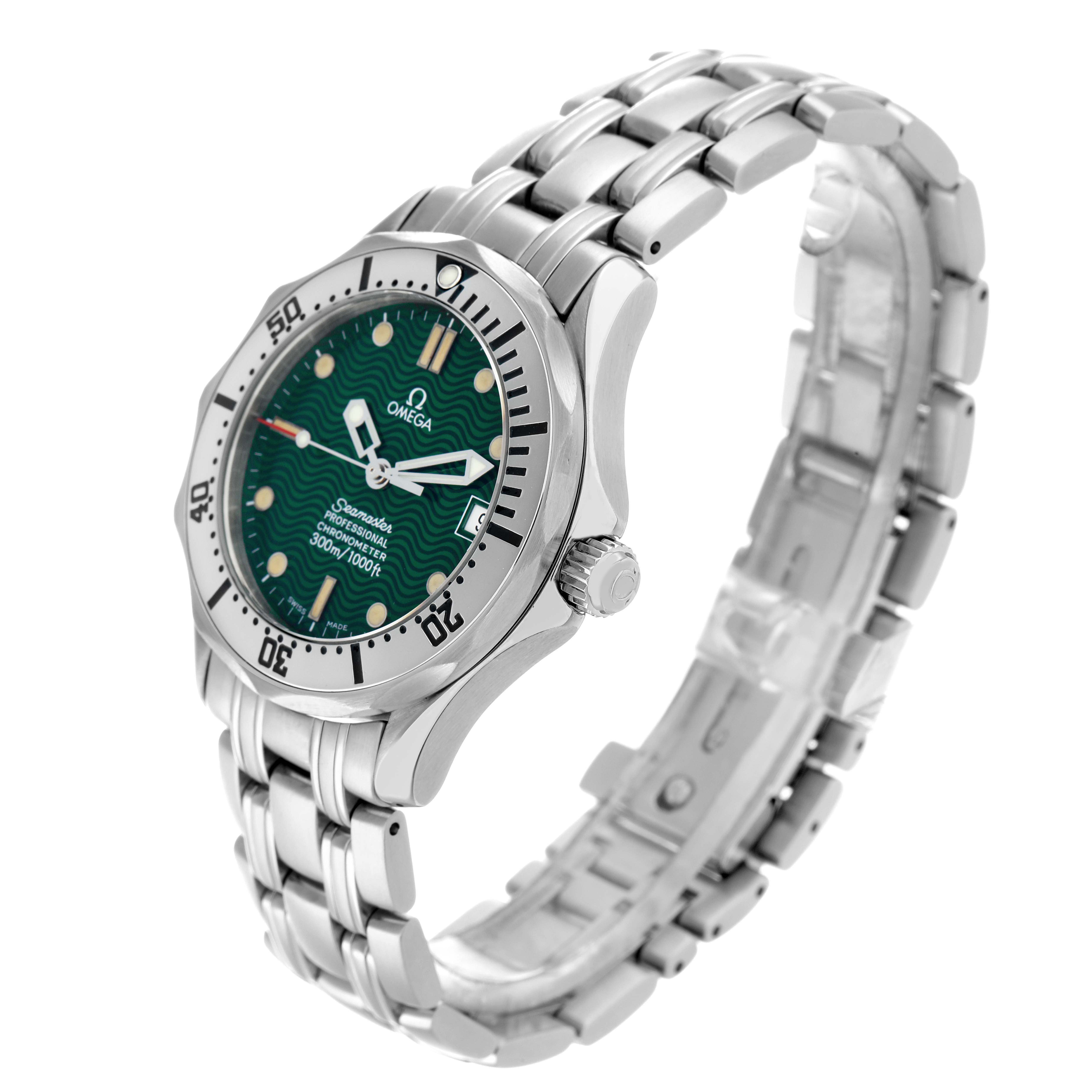 The Omega Seamaster 2553.41.00 Men
s Stainless Steel Green Dial watch is shown at a three-quarter angle, highlighting the dial, bezel, crown, and bracelet.