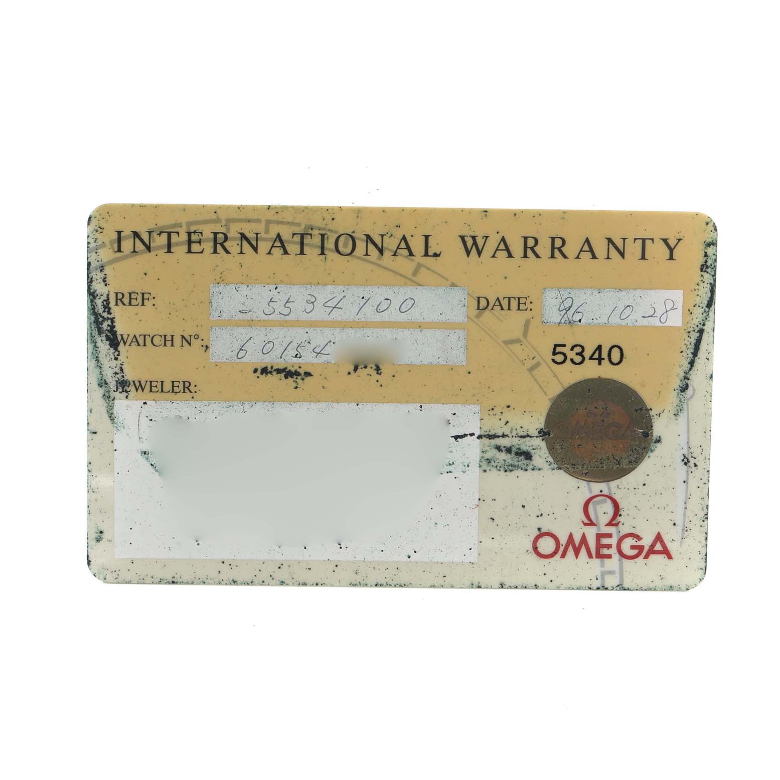 The image shows an International Warranty card for the Omega Seamaster 2553.41.00 Men
s Stainless Steel Green Dial watch model.