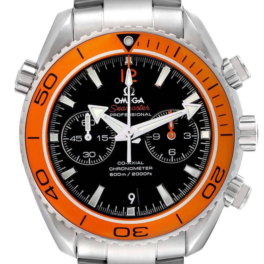 The Omega Seamaster 232.30.46.51.01.002 Men's Stainless Steel Black Dial watch is shown from a front angle, highlighting the orange bezel, dial with chronograph subdials, and steel case.