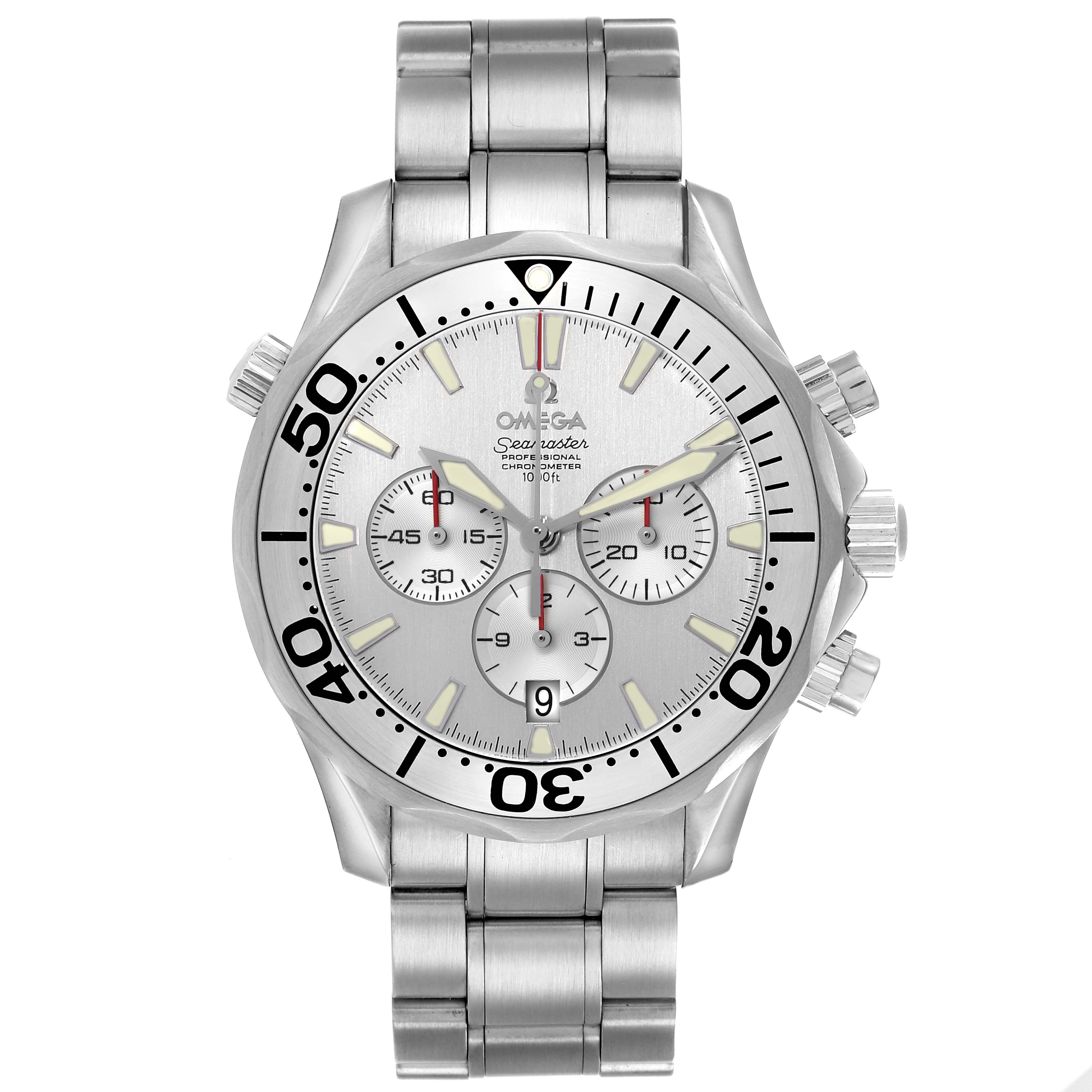 The Omega Seamaster 2589.30.00 Men
s Stainless Steel Silver Dial watch is shown from a front angle, displaying the face, bezel, and metal bracelet.