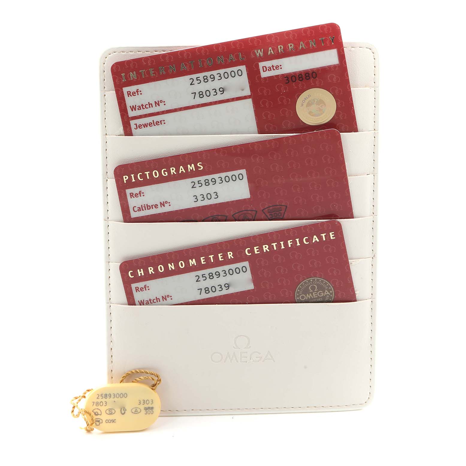 The image shows an Omega Seamaster 2589.30.00 Men
s Stainless Steel Silver Dial warranty card holder with three cards and a hang tag displayed from the front angle.