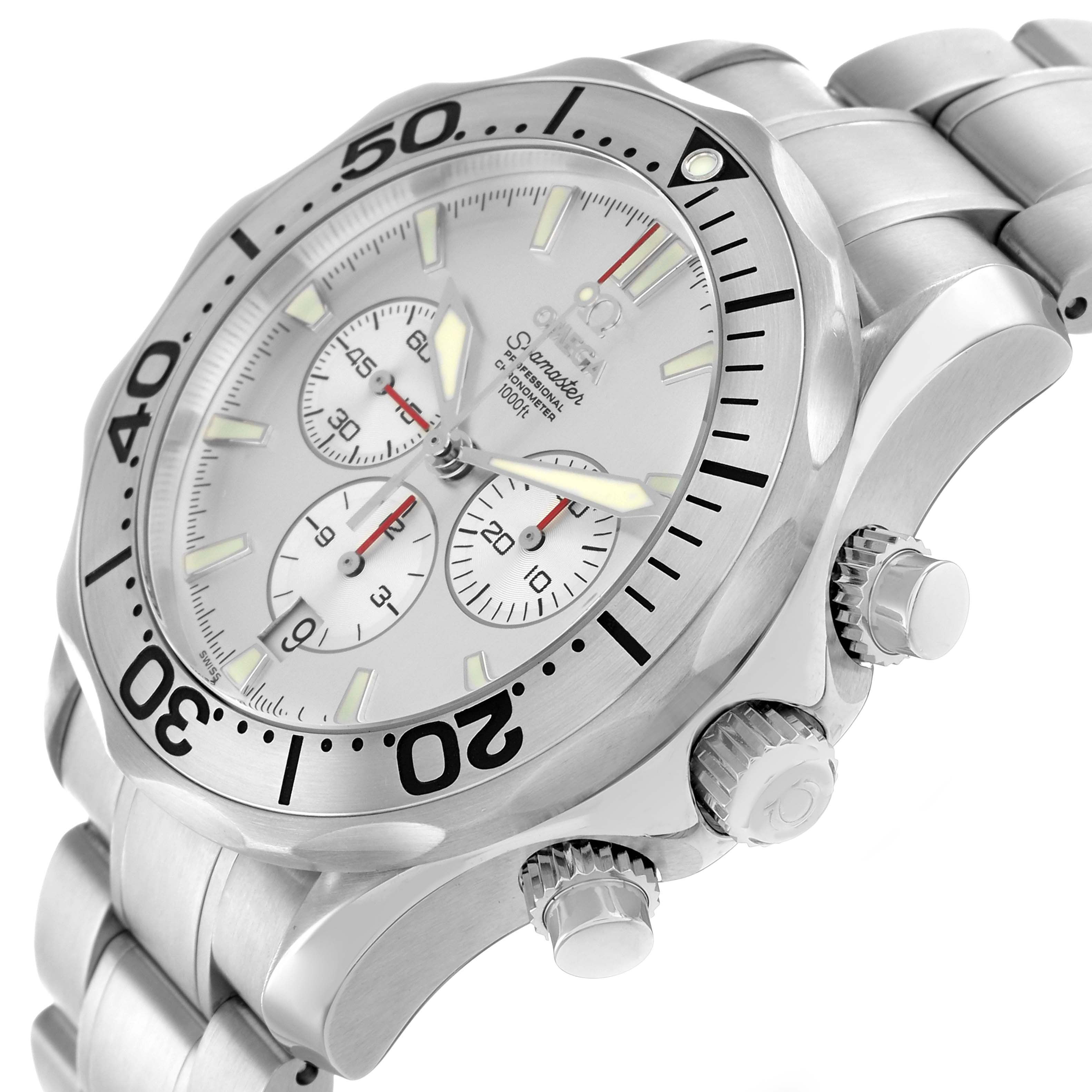 The Omega Seamaster 2589.30.00 Men
s Stainless Steel Silver Dial watch is shown at an angled view, highlighting the bezel, dial, subdials, and pushers.