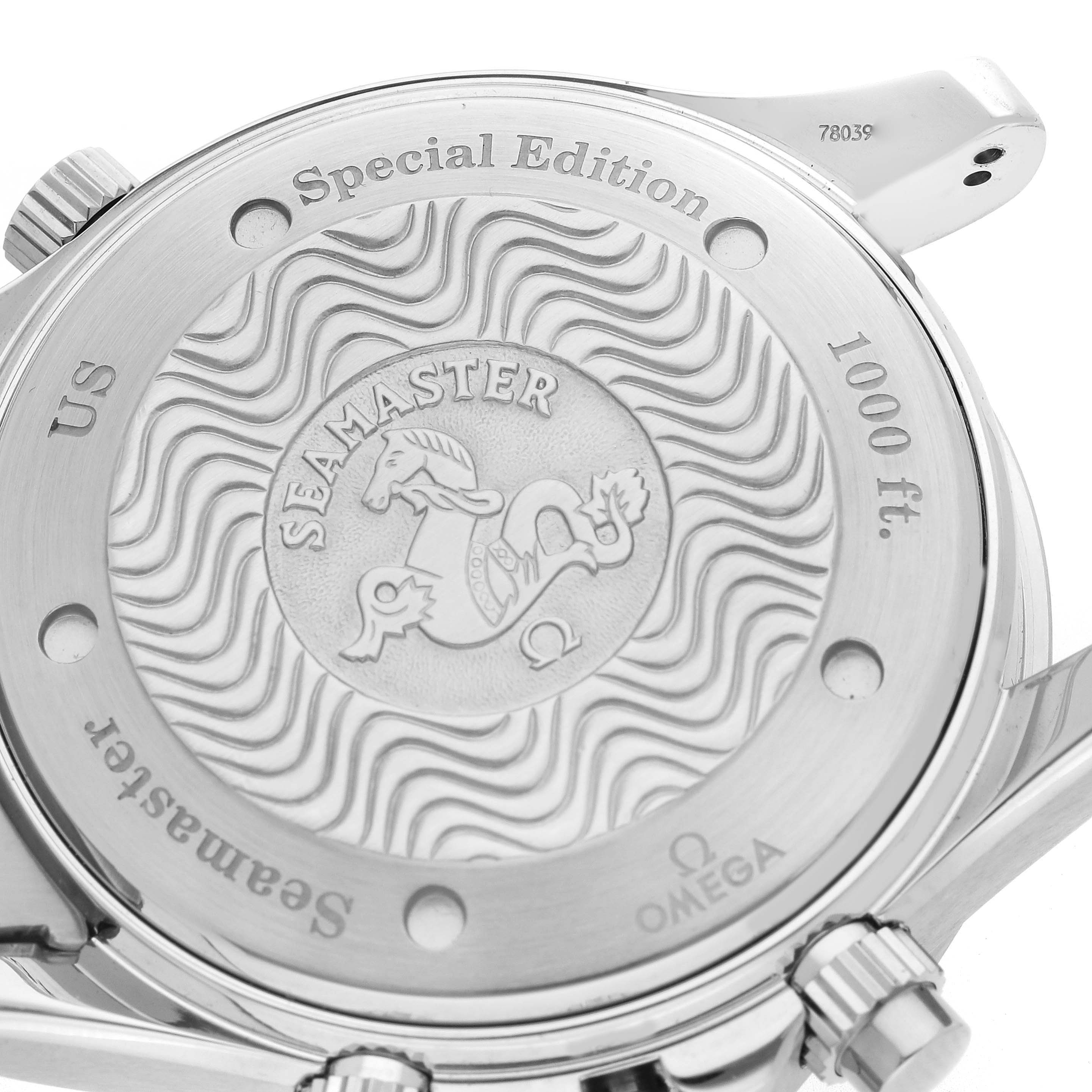 The image shows the case back of an Omega Seamaster 2589.30.00 Men
s Stainless Steel Silver Dial watch with "Special Edition" and "1000 ft" engravings.