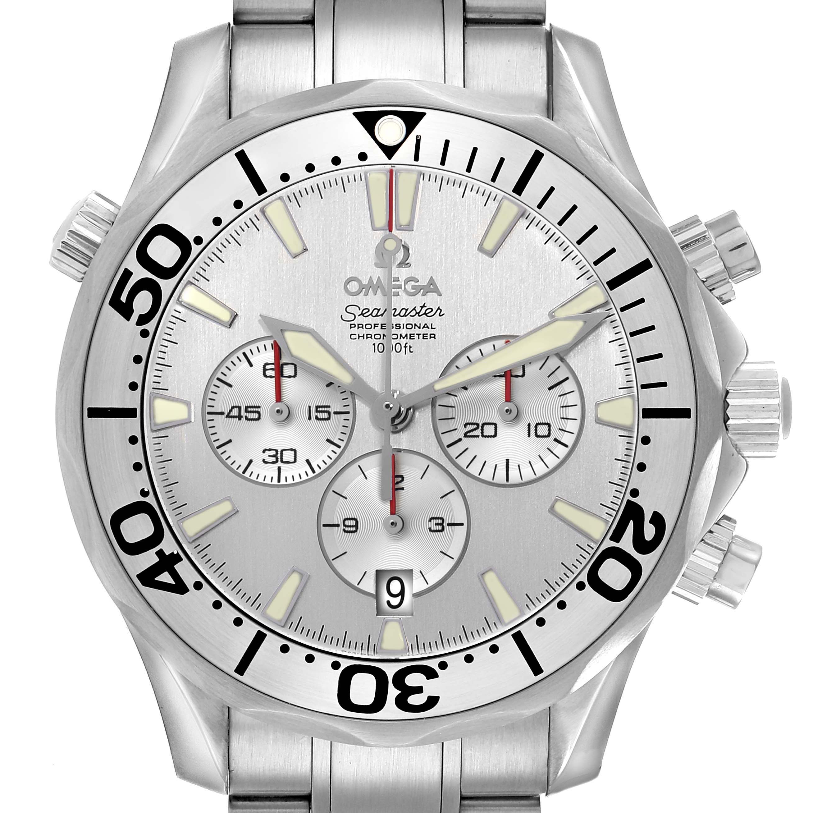 The Omega Seamaster 2589.30.00 Men
s Stainless Steel Silver Dial watch is shown from a front view, displaying the face, bezel, and part of the bracelet with prominent chronograph features.