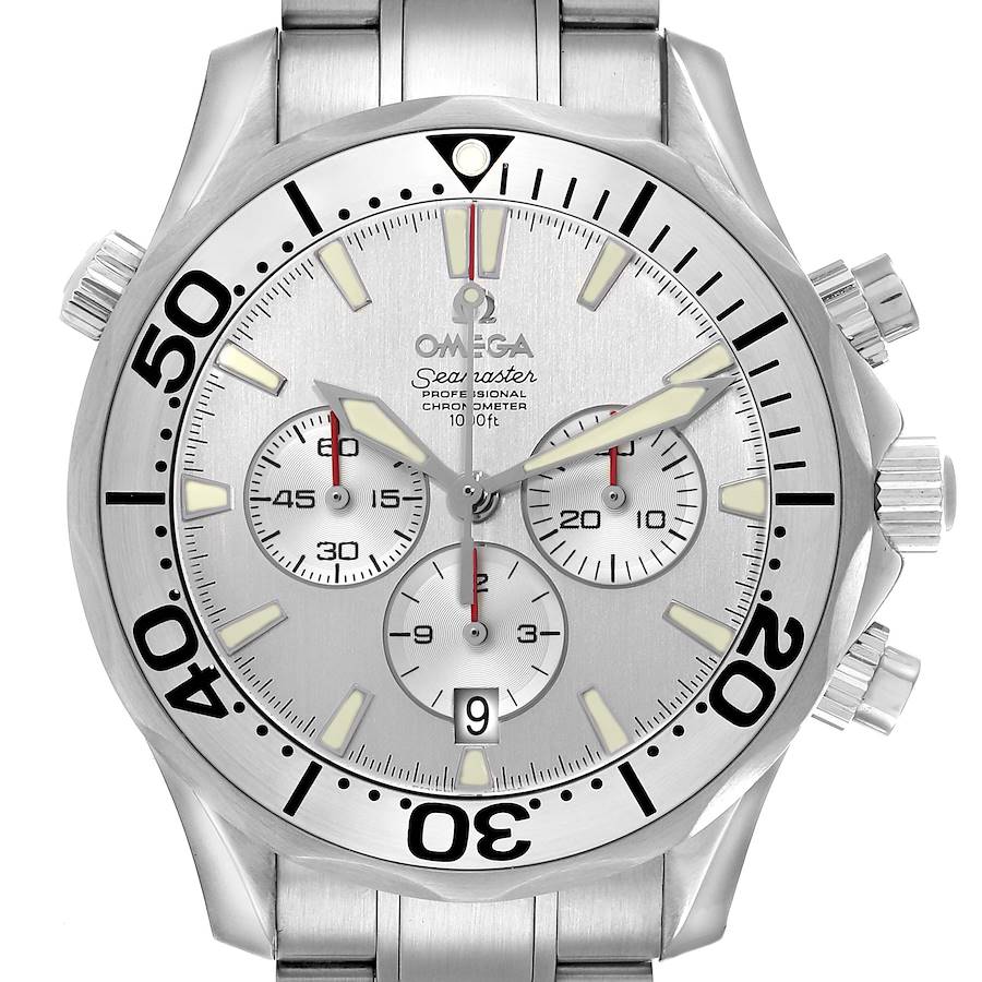 The Omega Seamaster 2589.30.00 Men's Stainless Steel Silver Dial watch is shown from a front view, displaying the face, bezel, and part of the bracelet with prominent chronograph features.
